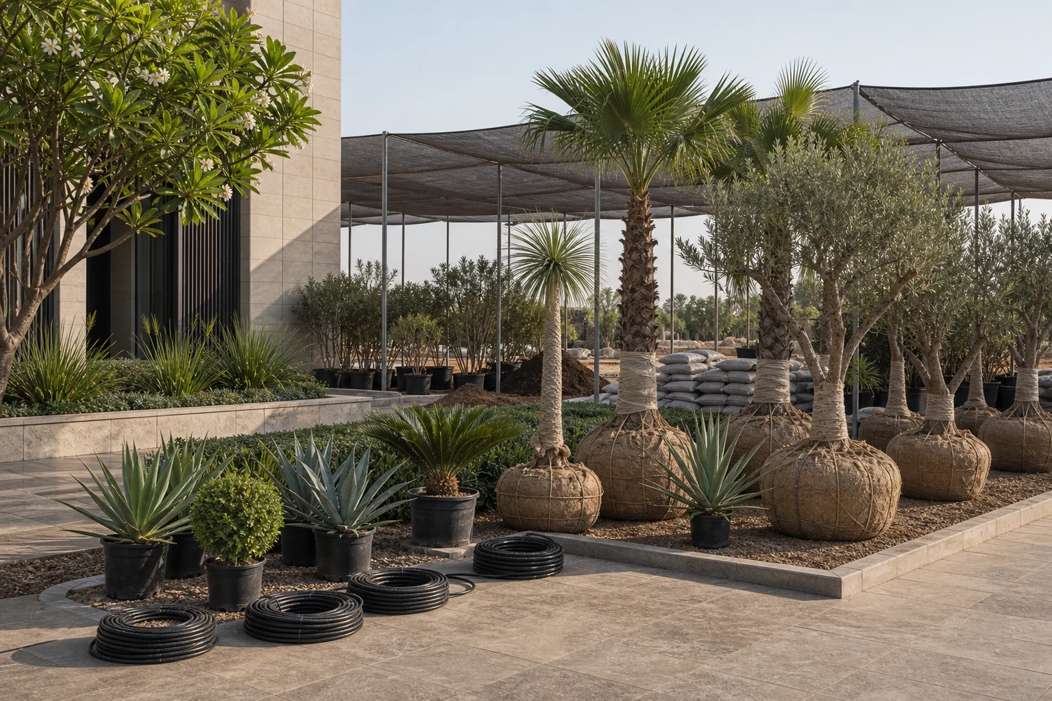 Ahmedabad commercial campus landscape with heat resilient trees, groundcover, and structured pedestrian shade.