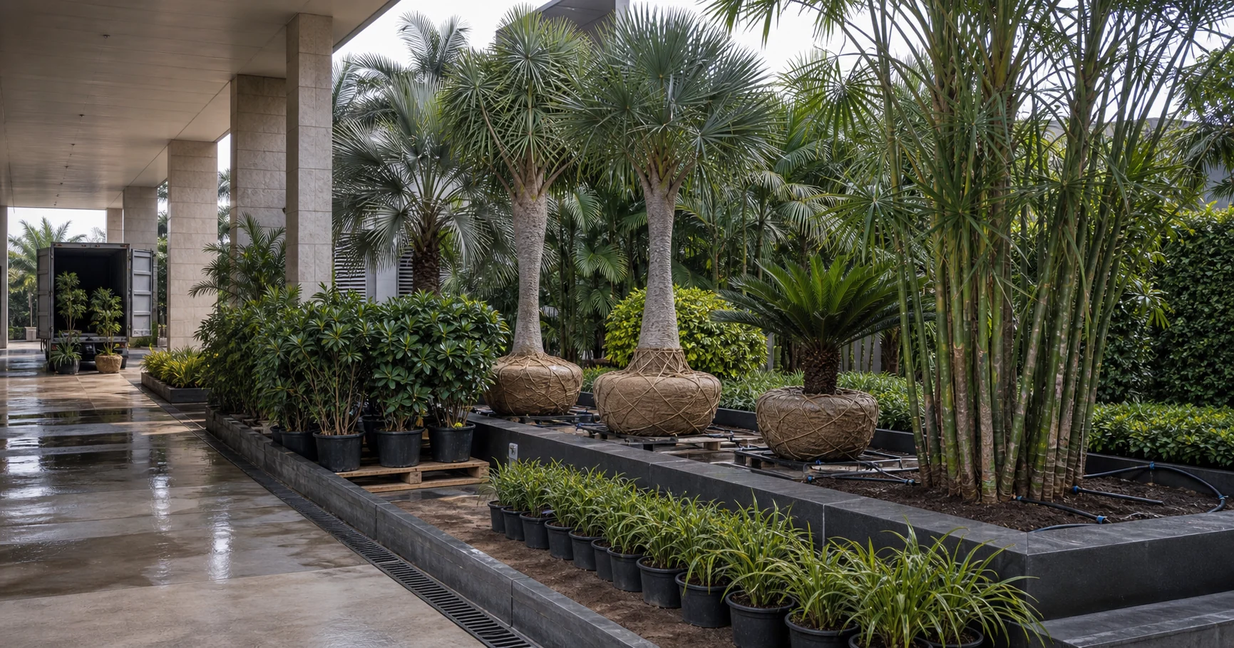 Chennai commercial frontage landscape with tropical planting, palm structure, and shaded arrival experience.