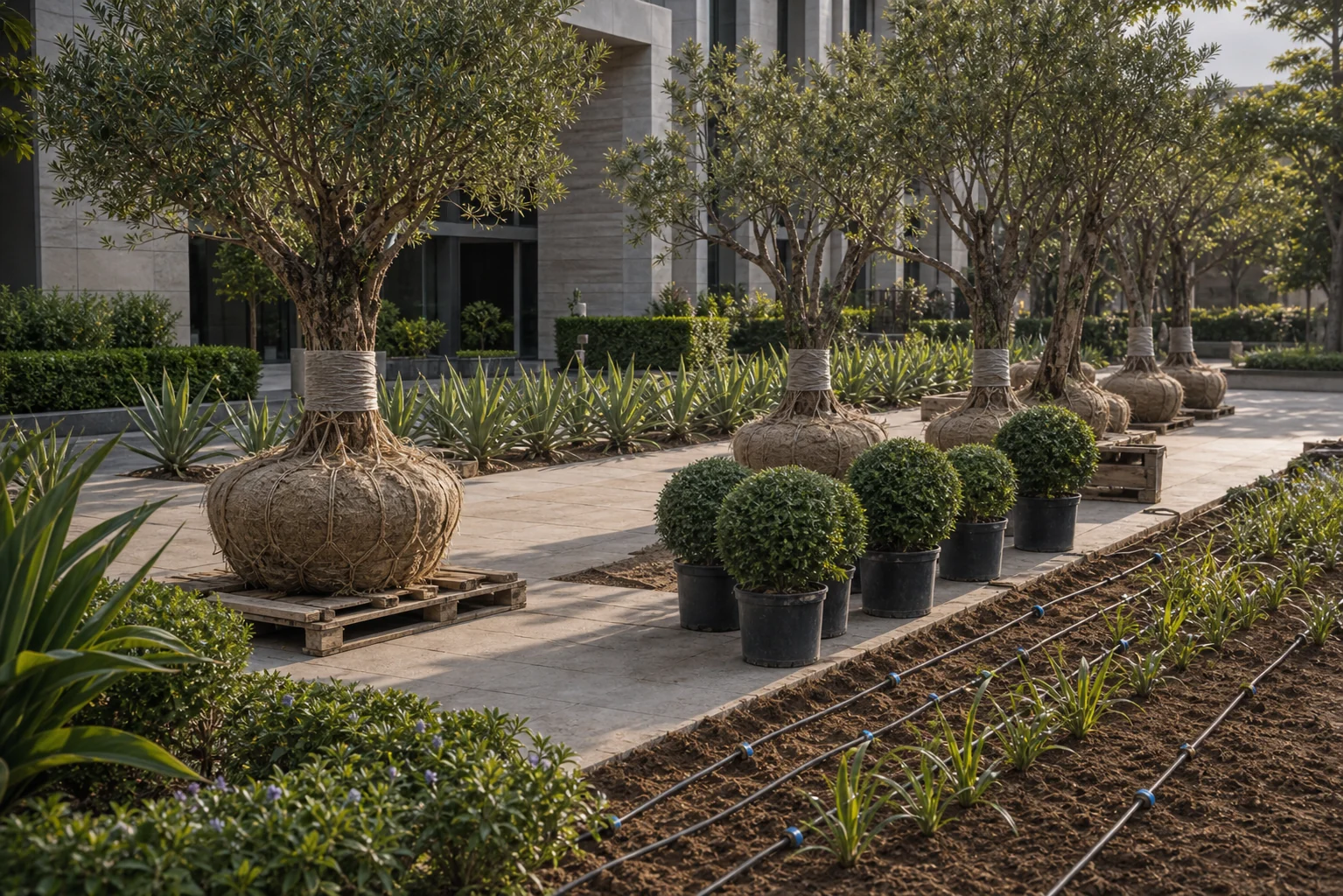 Delhi NCR commercial campus planting with formal shrub beds, shade trees, and arrival circulation.