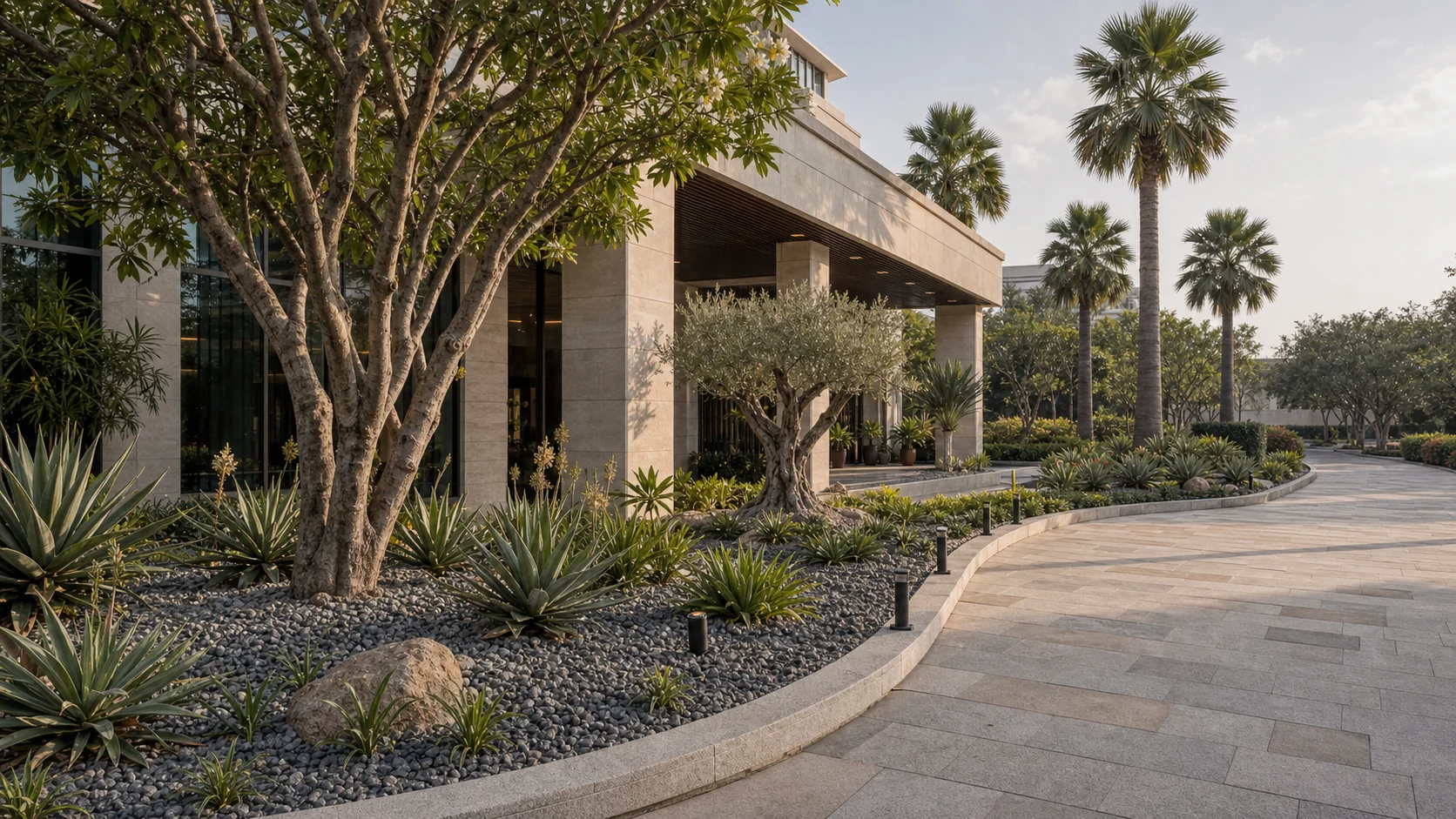 Hyderabad commercial landscape using drought-aware planting, stone edges, and shaded pedestrian space.