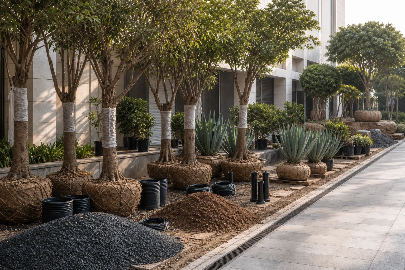 Hyderabad commercial planting design with hardy trees, layered shrubs, and practical maintenance access.