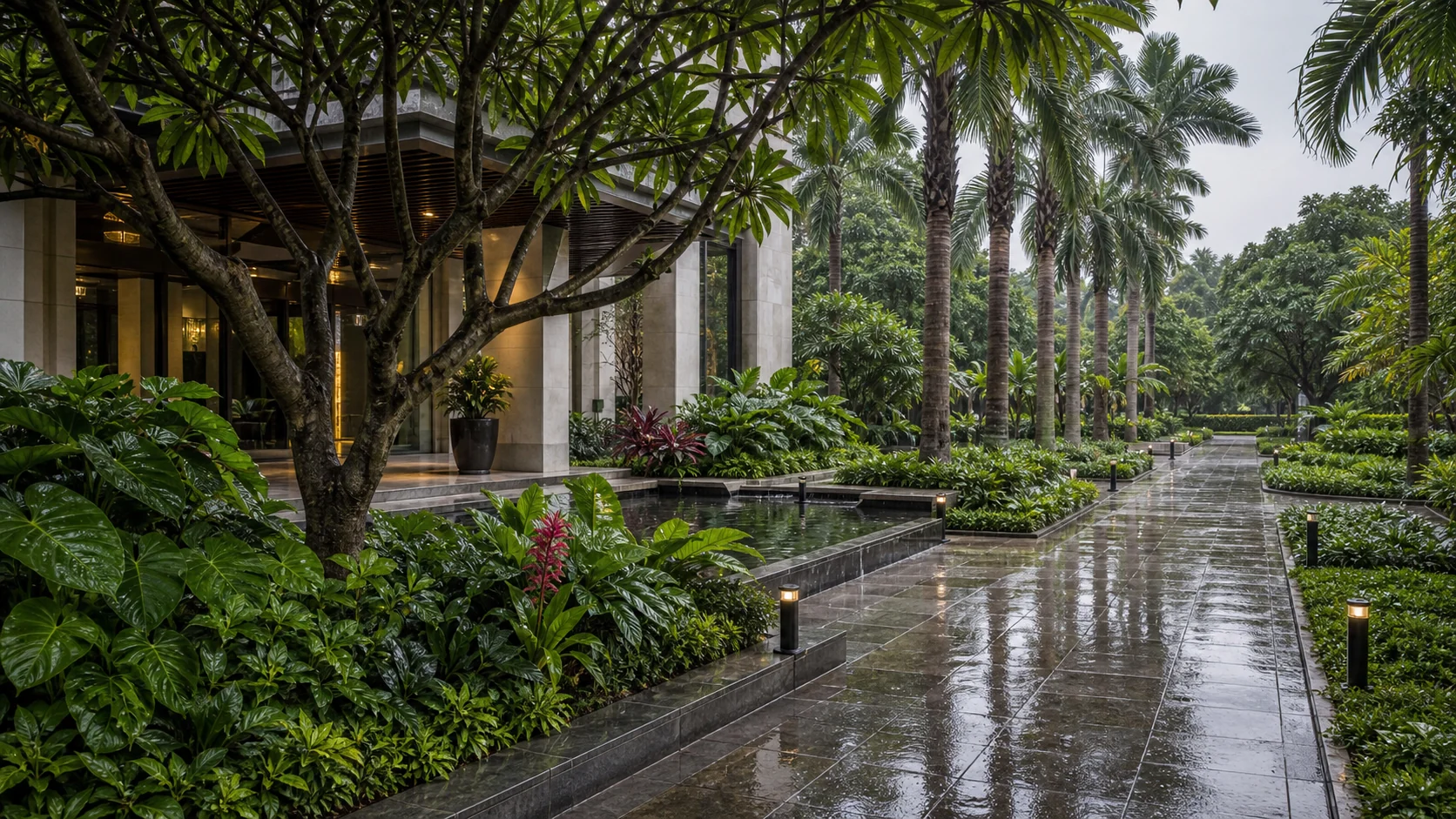 Kolkata commercial landscape with lush planting, drainage-aware paths, and monsoon-ready greenery.