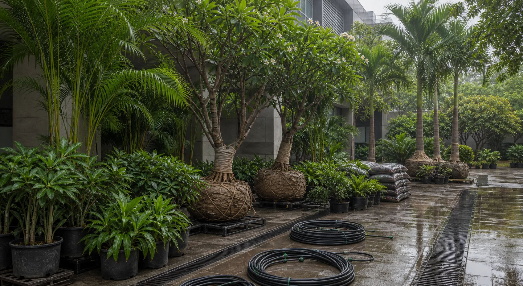 Kolkata commercial walkway landscape with tropical foliage, tree canopy, and robust edge planting.