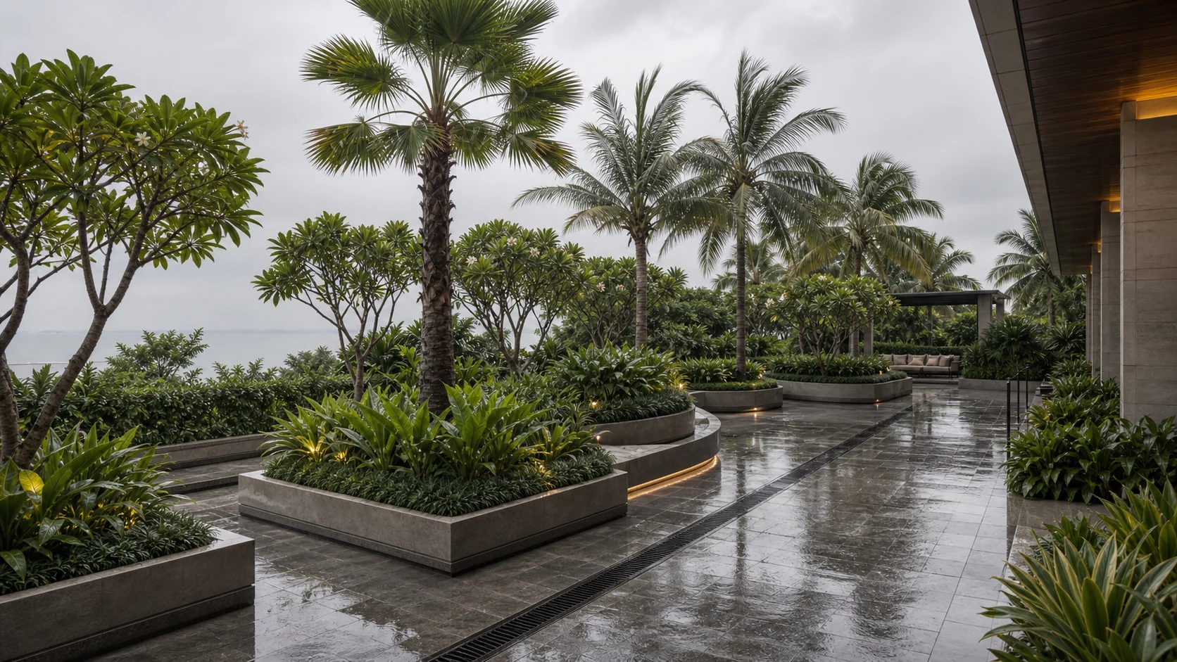 Mumbai coastal landscape with monsoon-ready planting, paved walks, and durable frontage design.