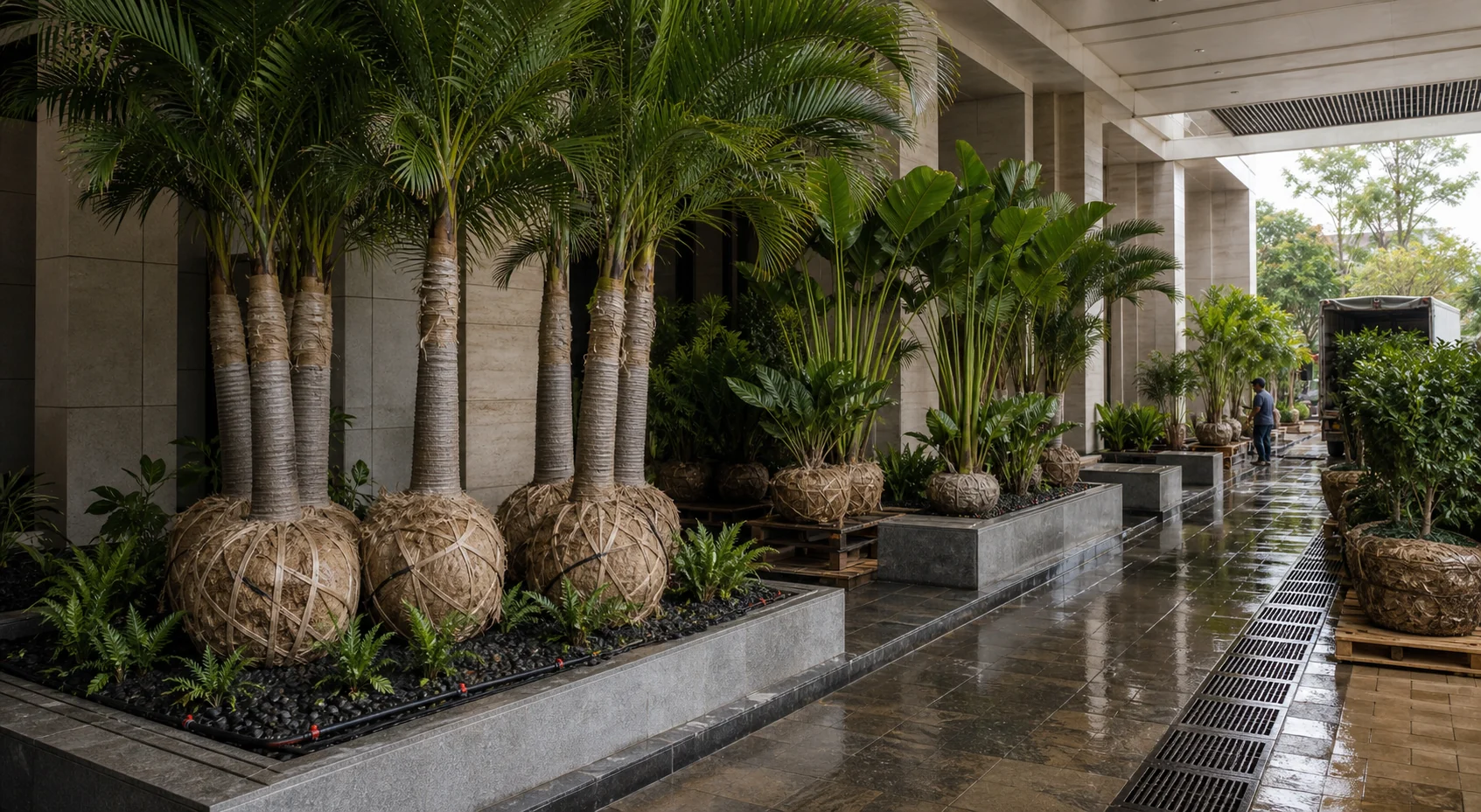 Mumbai commercial promenade landscape with palm structure, layered shrubs, and pedestrian shade.
