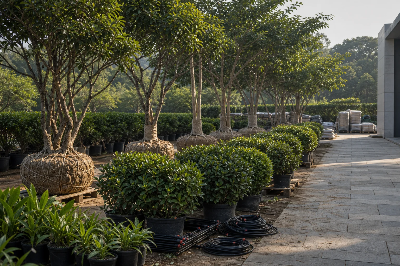 Pune campus landscape planting with adaptive shrubs, tree shade, and maintainable outdoor paths.