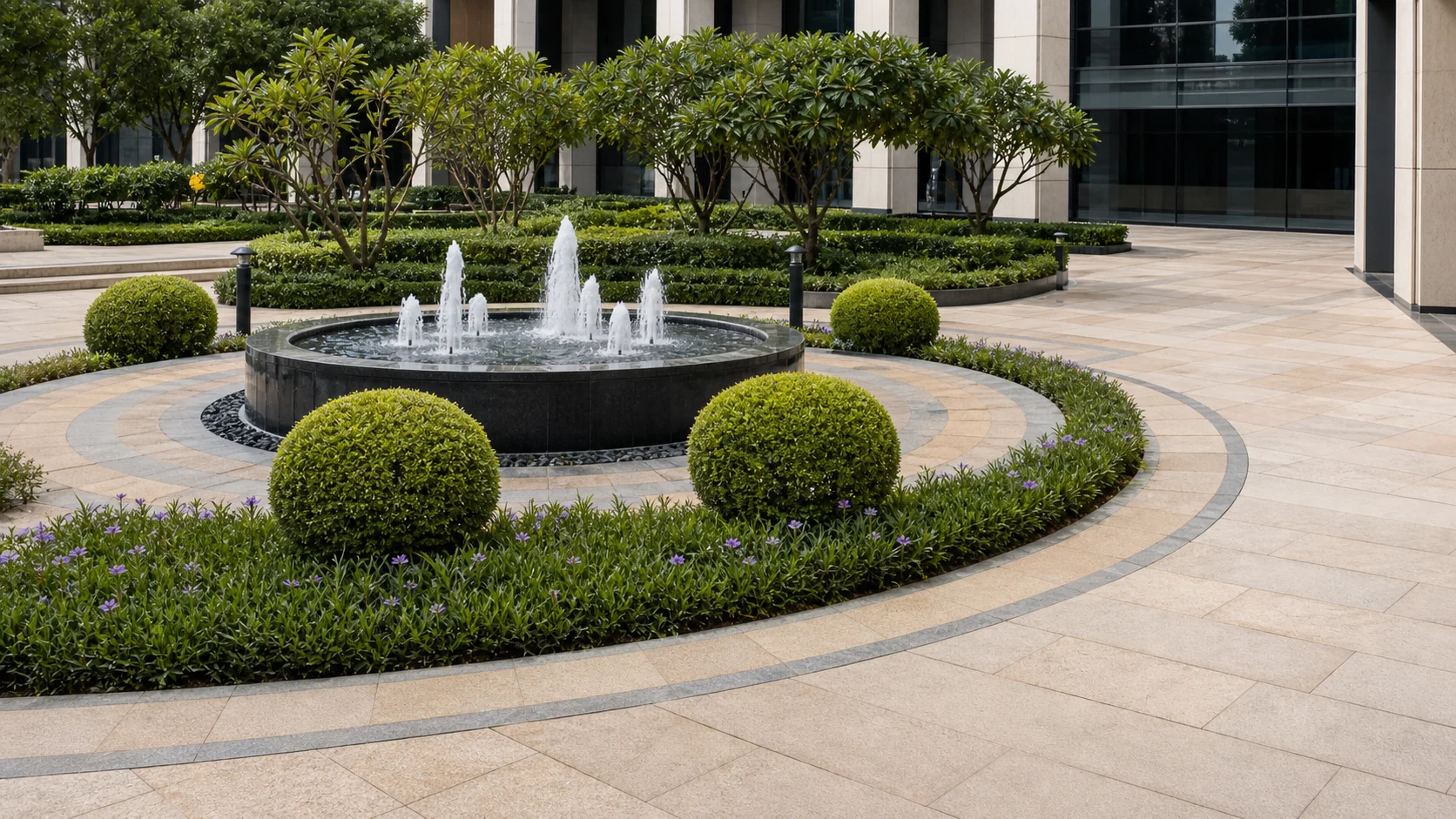 Premium commercial garden path with established planting, soft lighting, and polished consultation context.