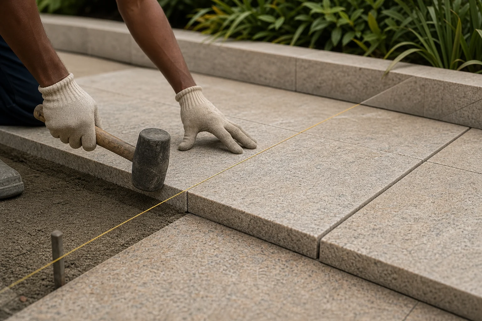 Close-up landscape craftsmanship showing paving detail, clean planting edges, and premium site finishing.