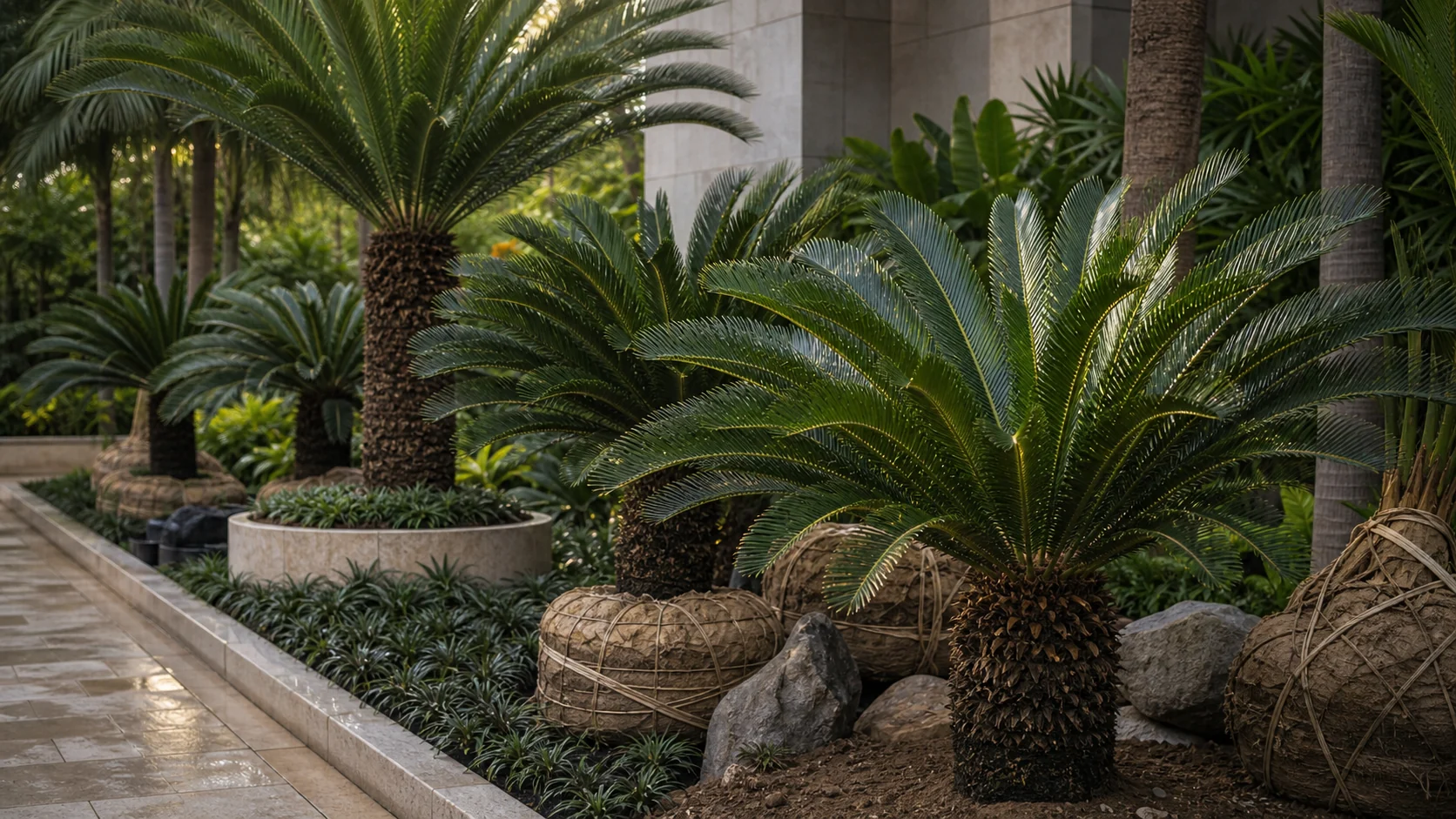 Cycads and cycas specimen plants arranged for sculptural accents in luxury commercial gardens.