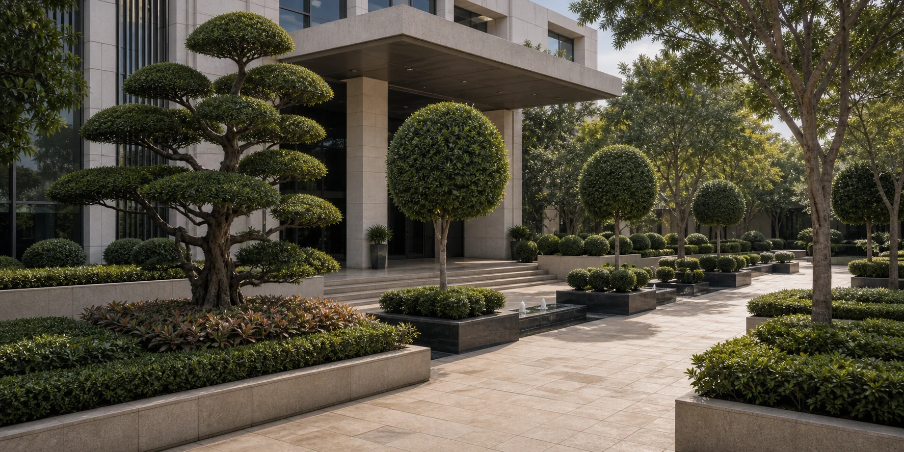 Topiary and formal specimen trees prepared for structured avenues, arrival courts, and high-control landscape design.