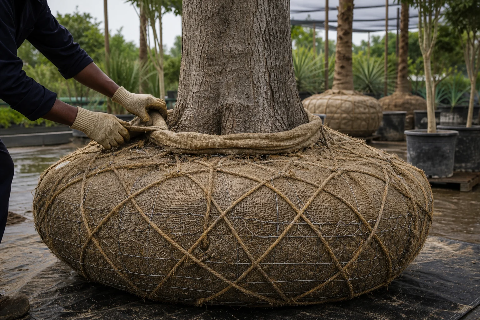 Specimen tree rootball preparation with handling clearance, protection, and installation readiness checks.