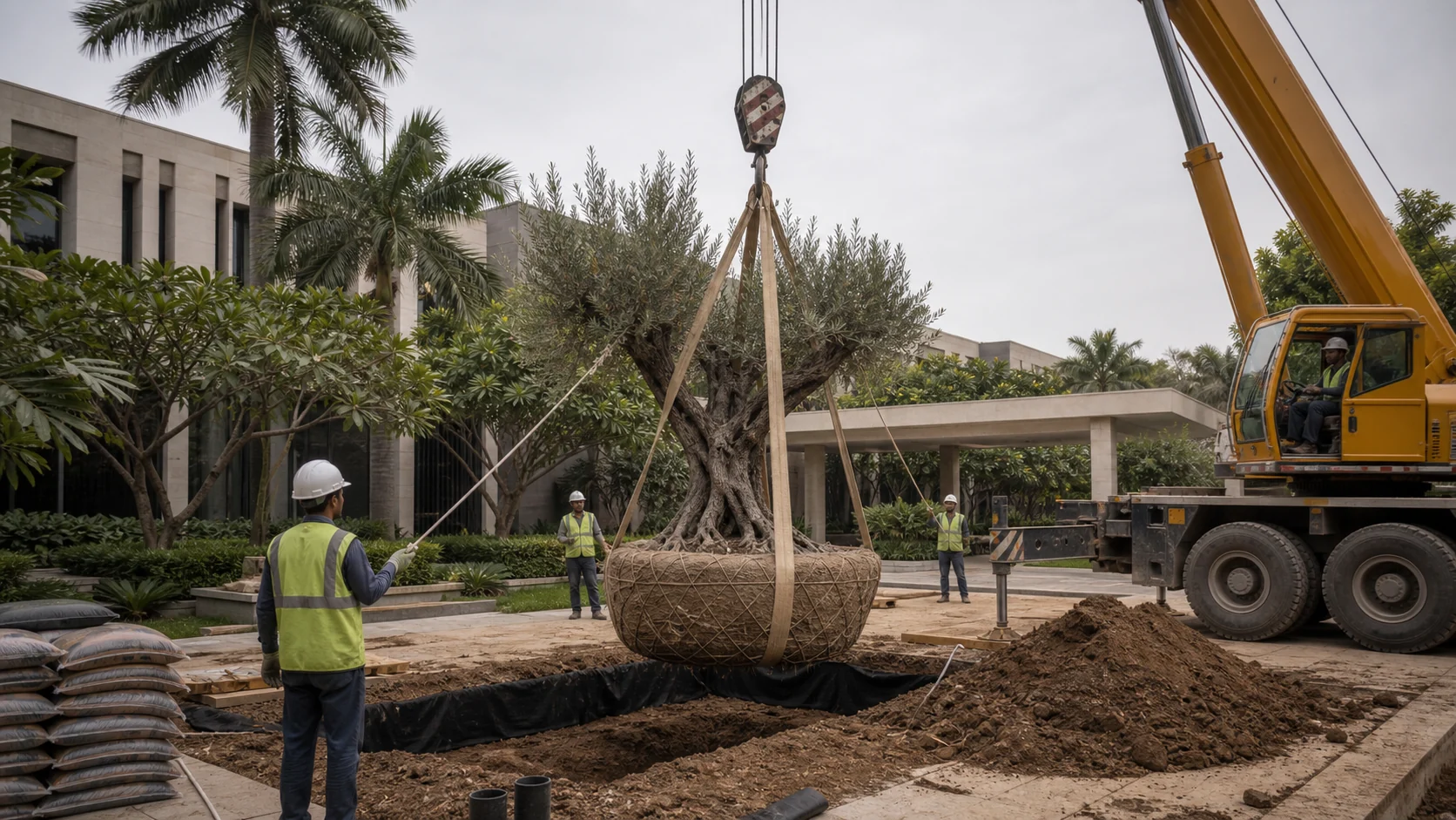 Crane-assisted placement of a large specimen tree into a prepared landscape pit with controlled access.