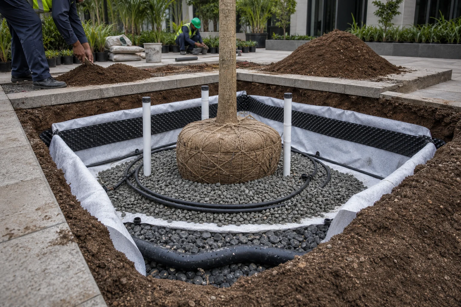 Engineered specimen tree pit with drainage layer, soil preparation, and bracing-ready installation detail.