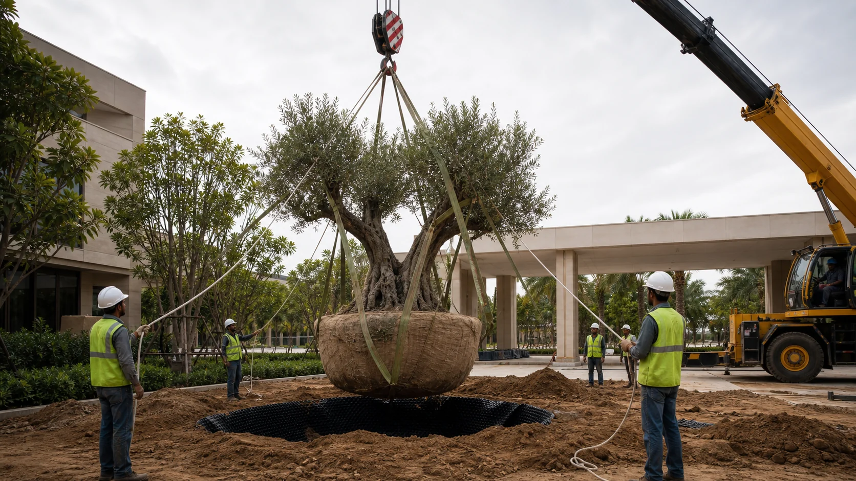 Crane-assisted placement of imported specimen tree into commercial landscape with protected rootball handling.