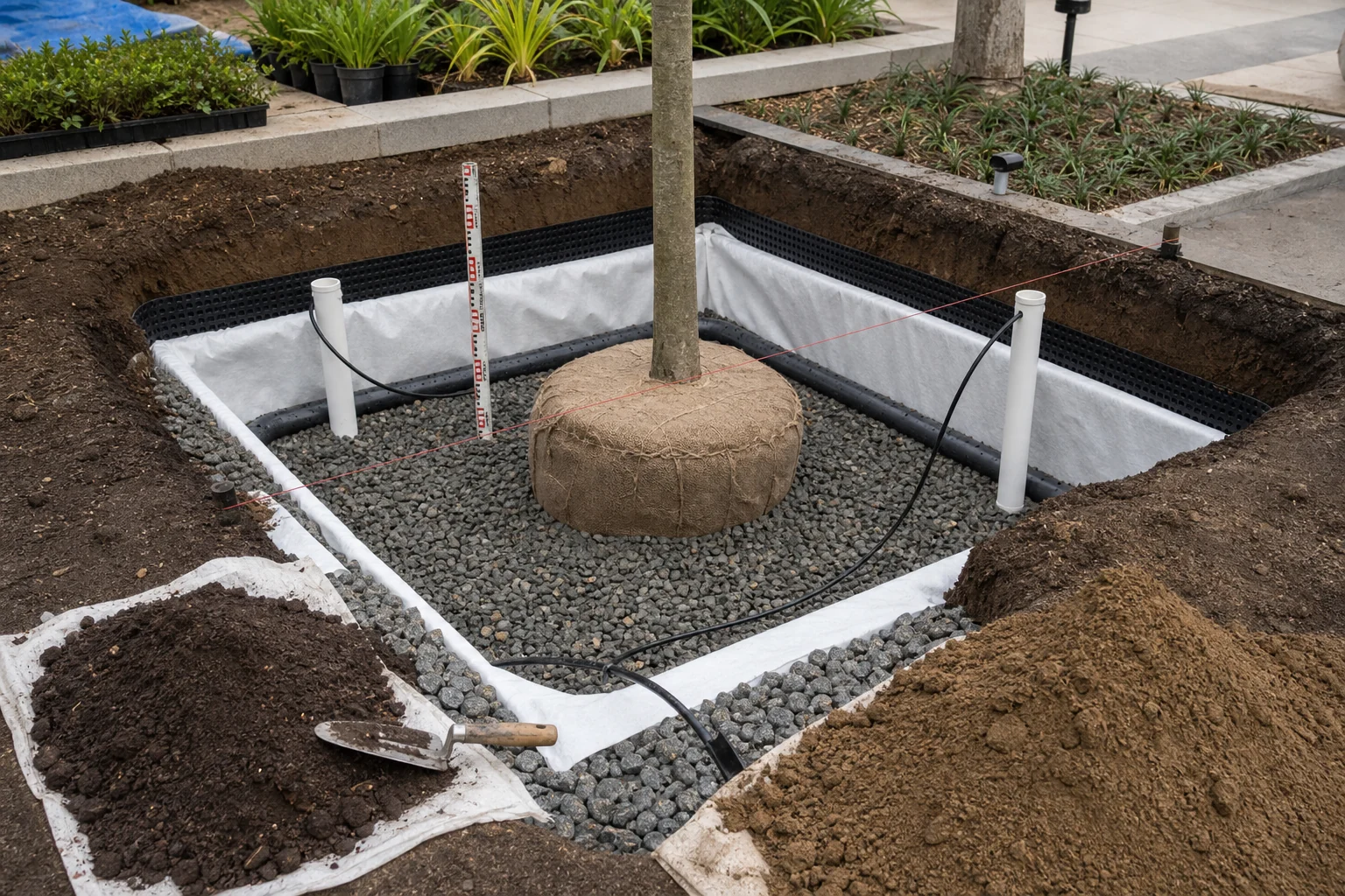 Specimen tree pit drainage engineering with soil mix, root zone preparation, and installation readiness.