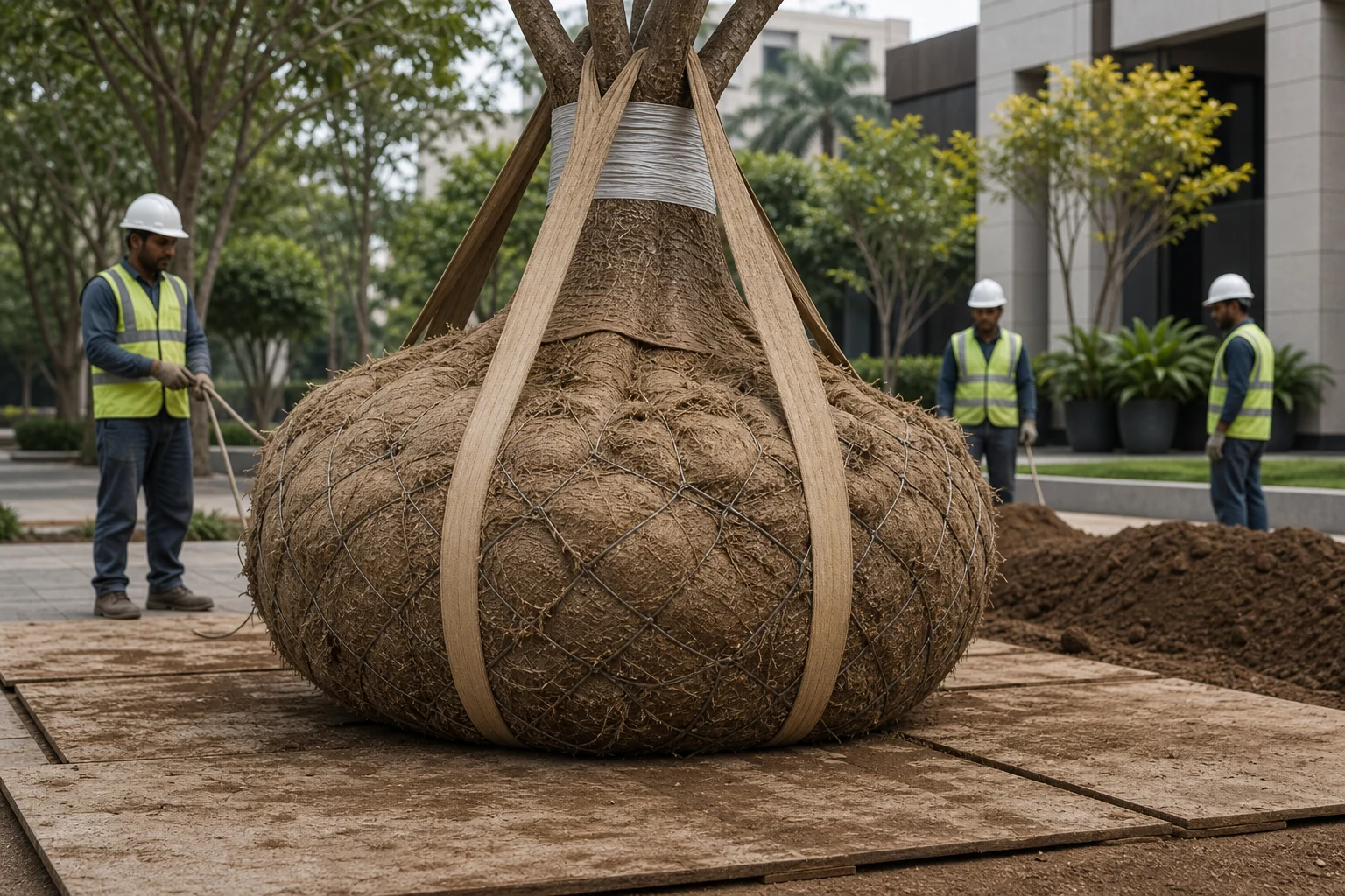 Large specimen tree rootball handling with lifting straps, protection, and controlled site movement.