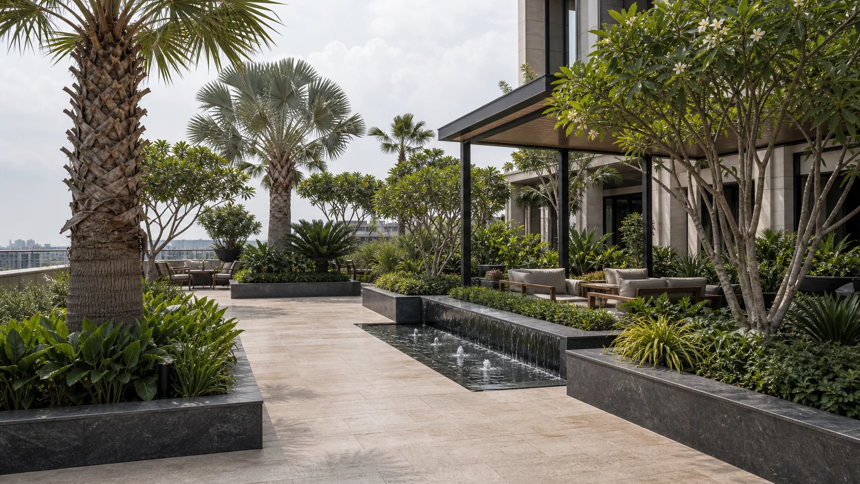 Hotel courtyard landscape with formal planting, shaded seating, and premium outdoor lounge character.