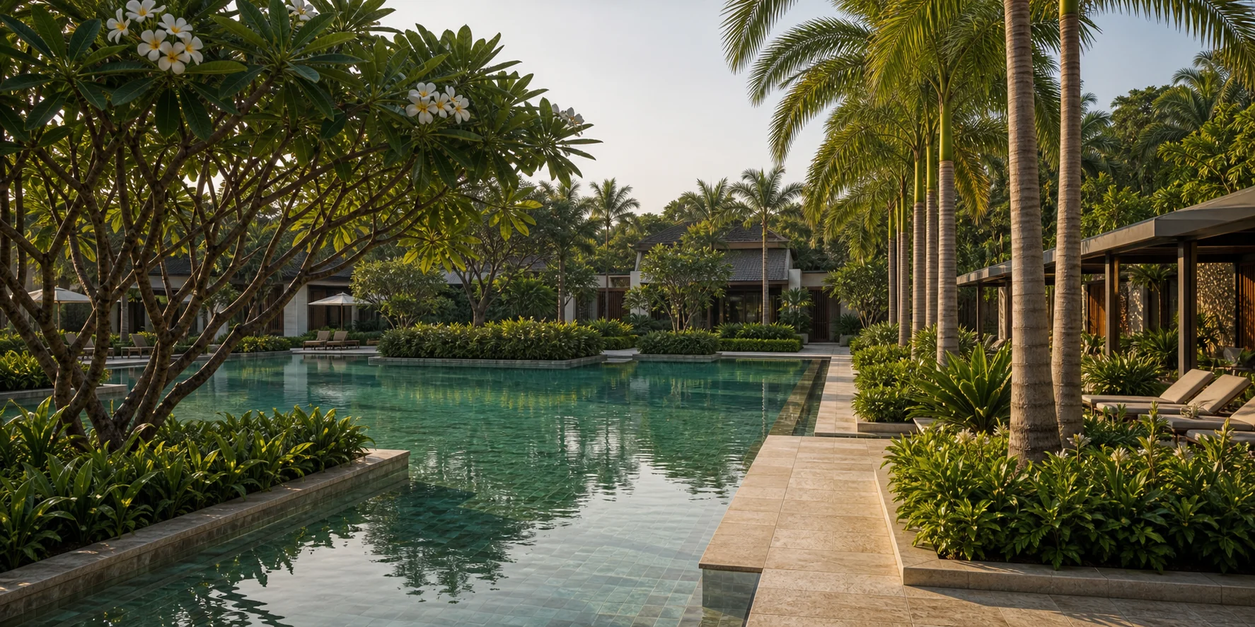 Resort pool landscape with palms, planted edges, loungers, and relaxed hospitality amenity planning.