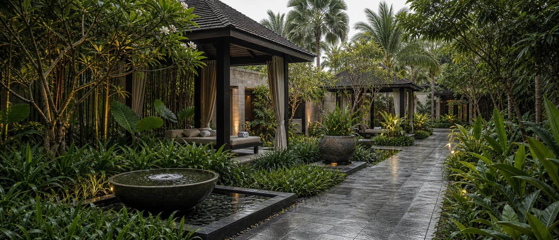 Luxury spa garden landscape with layered tropical planting, stone paths, and secluded outdoor rooms.