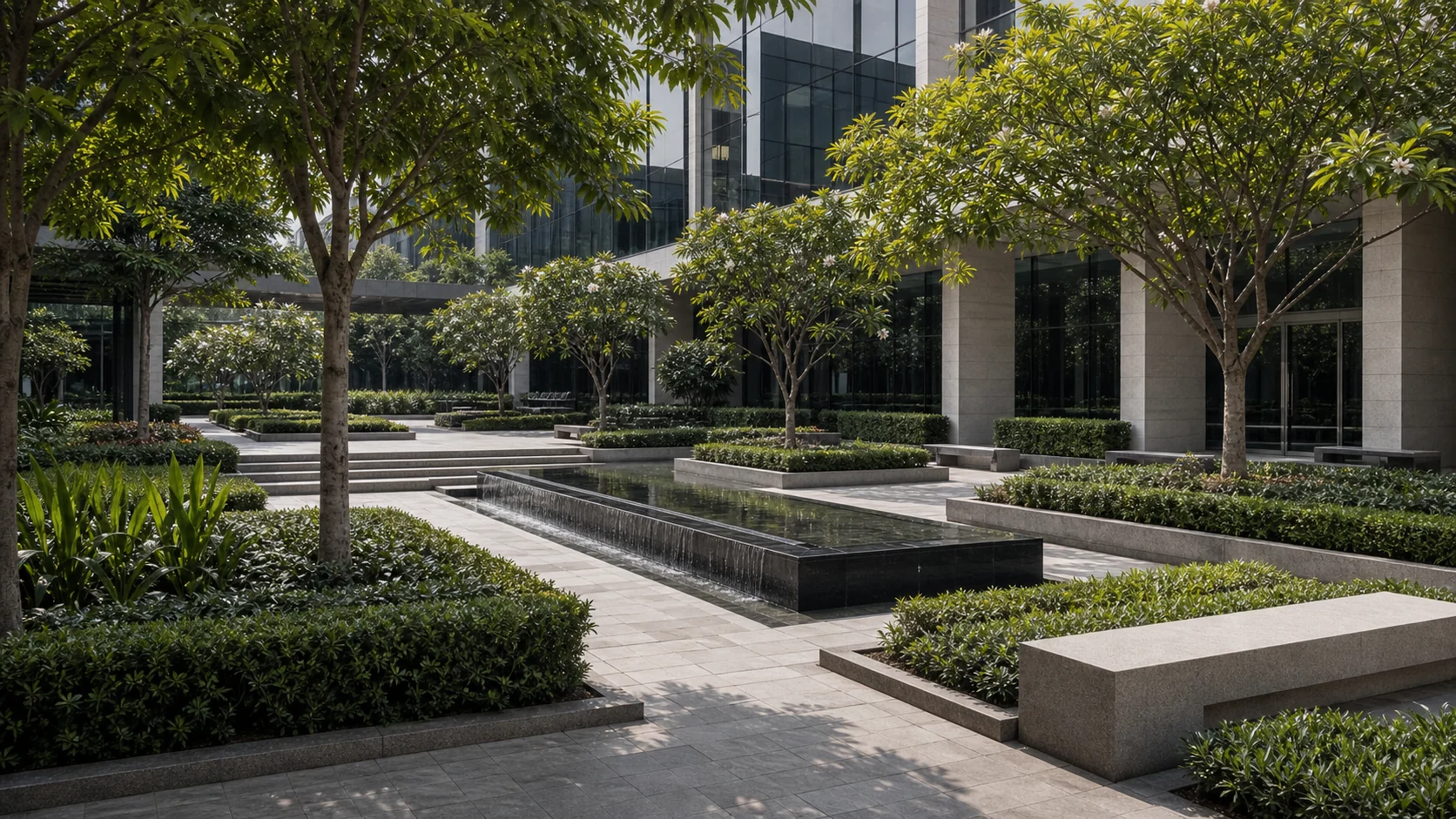 Corporate campus landscape with linear water feature, clipped planting, and premium entry promenade.