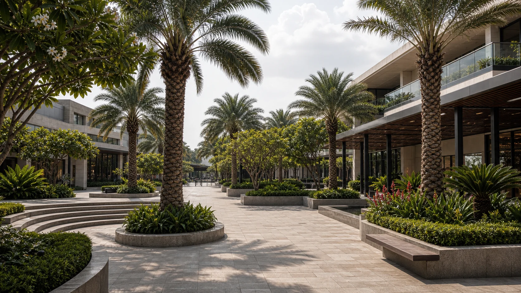 Retail mall entrance landscape with structured planting, premium paving, and clear visitor arrival paths.