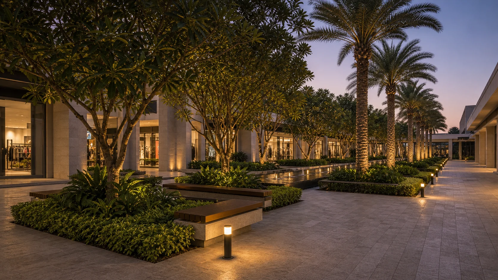 Evening mall landscape with warm lighting, planted plaza edges, and safe visitor circulation.