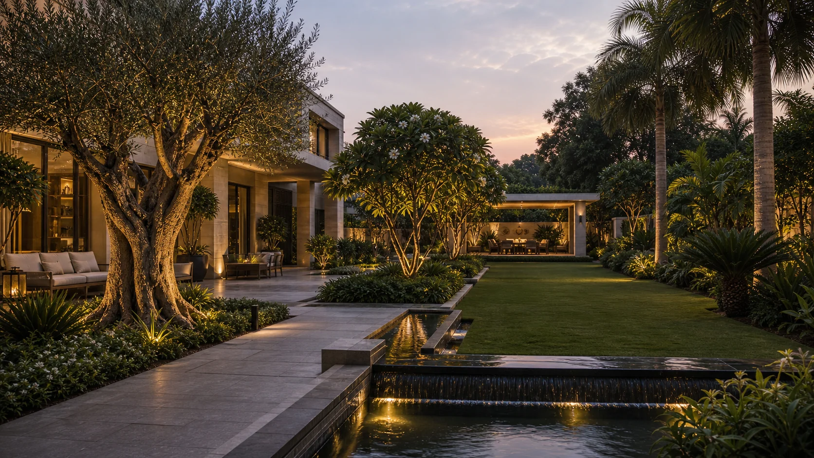 Luxury residential development garden with planted path, premium paving, and layered softscape edges.