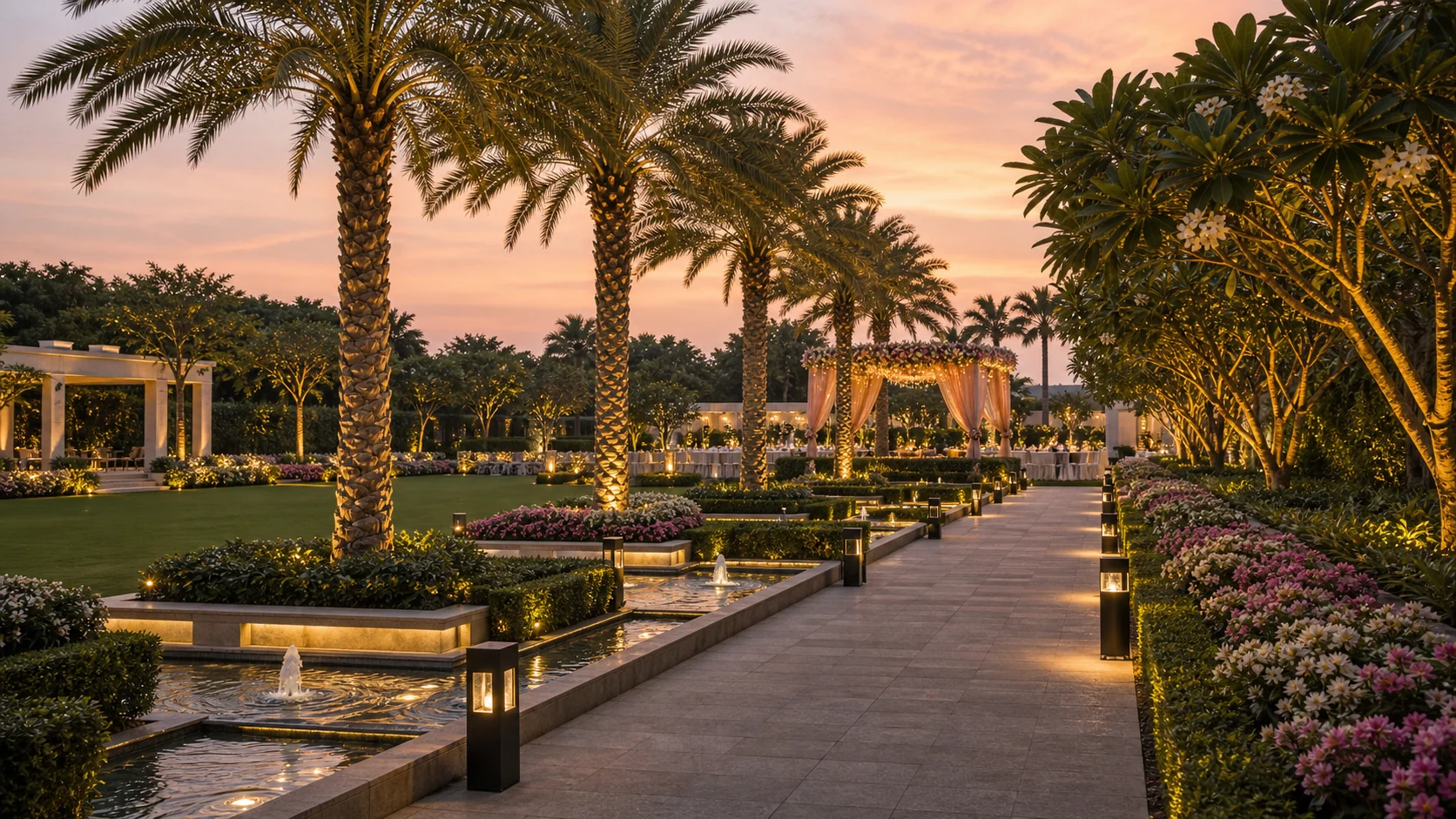 Luxury residential courtyard landscape with pool edge, palms, seating, and resort-style amenity design.