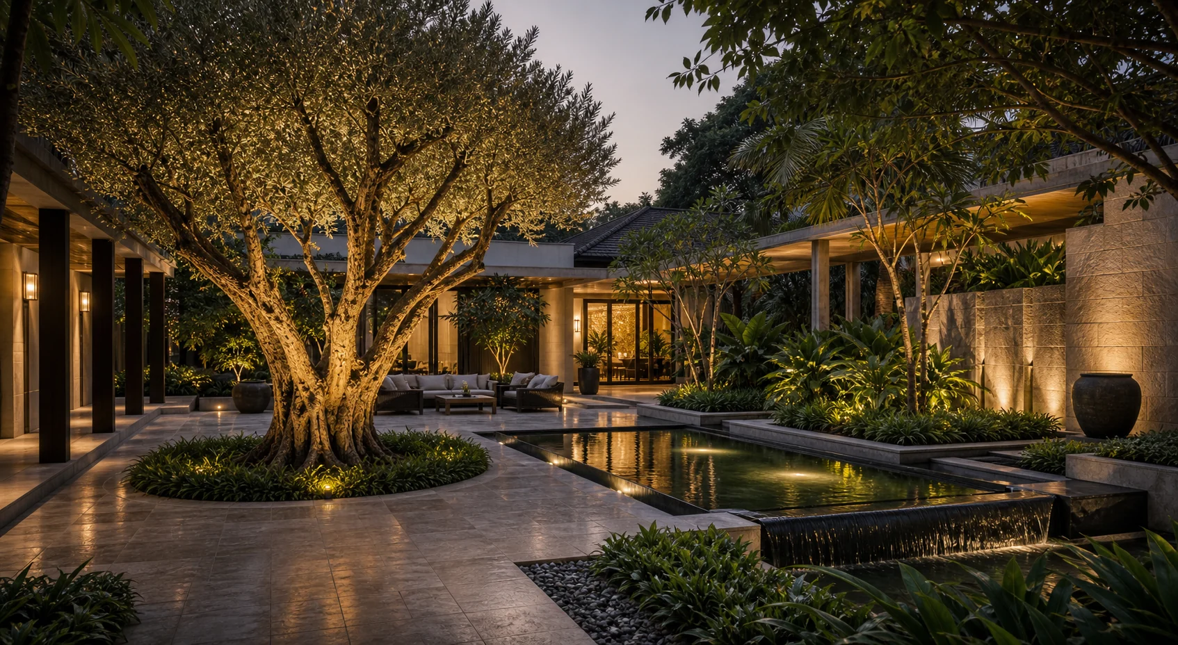 Evening luxury residential landscape with garden lighting, planted walkways, and premium outdoor ambience.