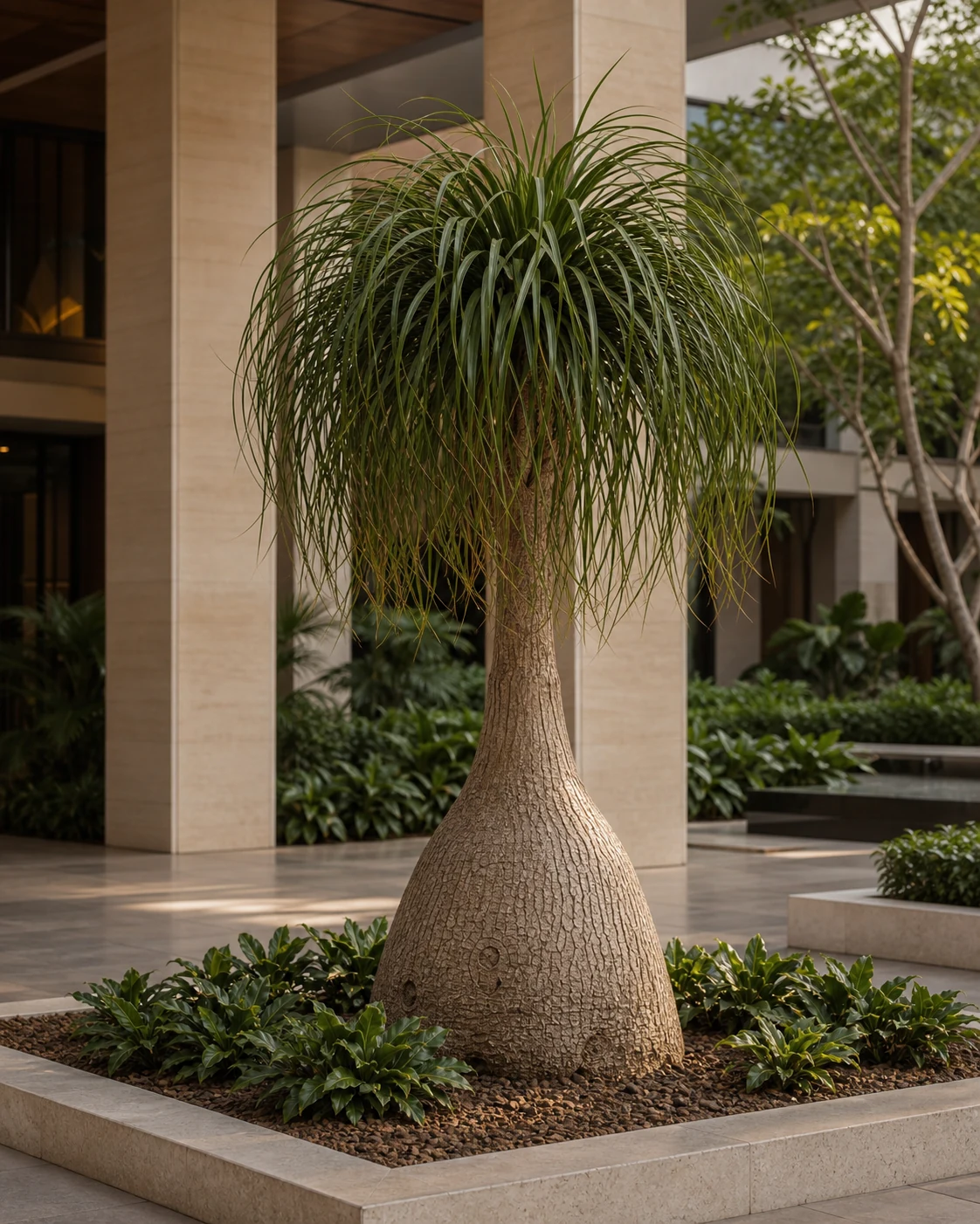 Beaucarnea recurvata ponytail palm specimen with swollen trunk base and sculptural foliage for landscape design.