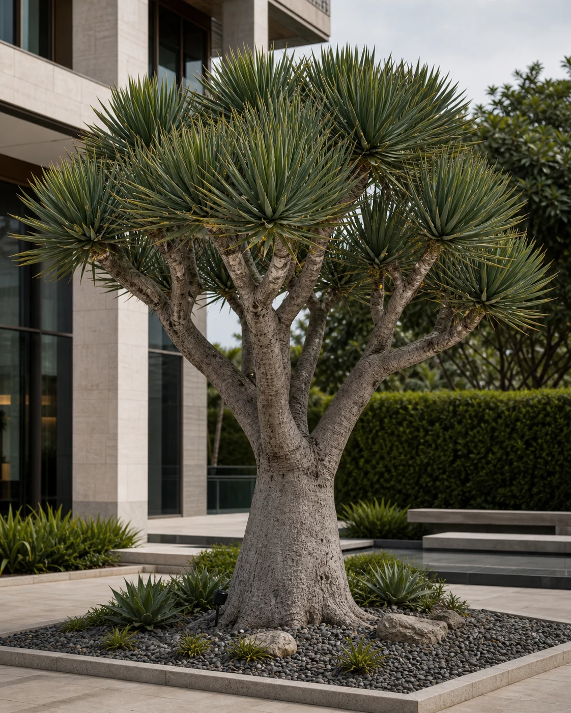 Dracaena draco specimen with sculptural branching and architectural foliage for imported exotic tree design.