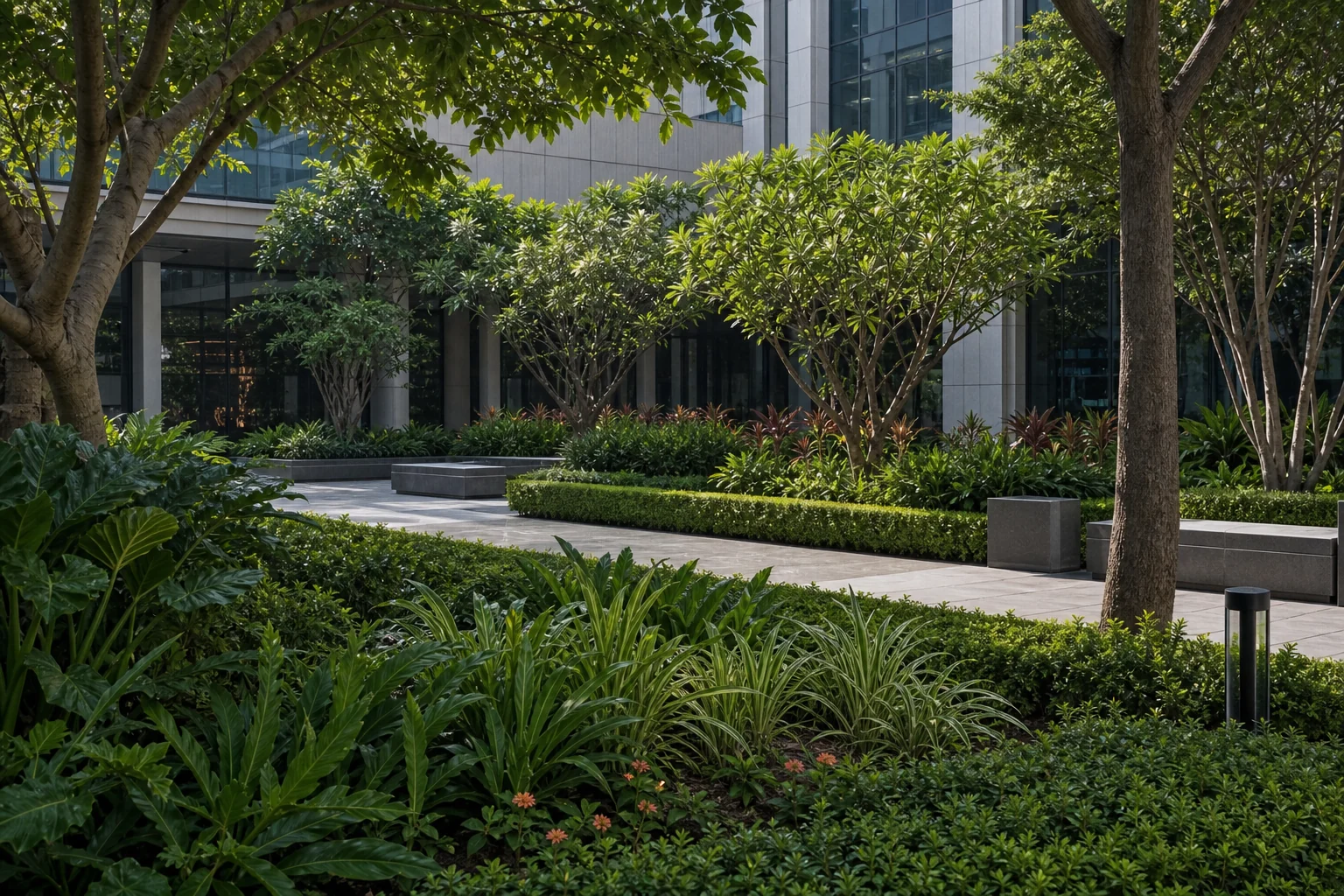 Layered softscape planting beside a modern facade with clipped edges, shade trees, and maintainable groundcover.