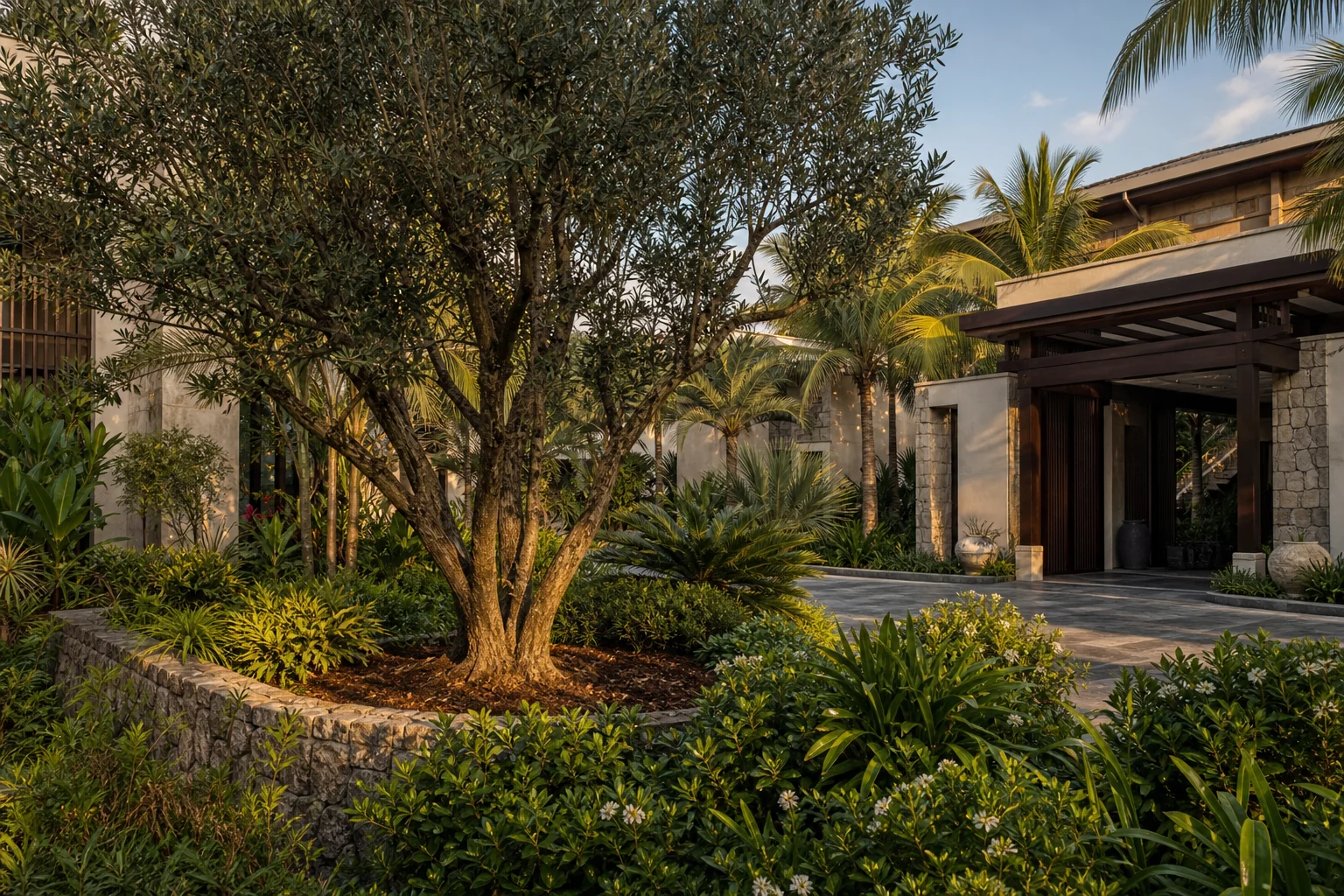 Dense tropical softscape with palms, shrubs, and groundcover around a premium building entry garden.
