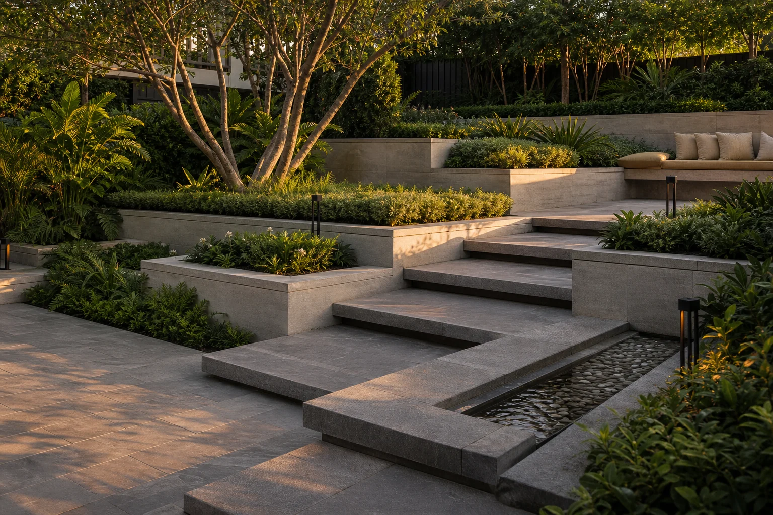 Commercial garden hardscape with steps, retaining edges, and layered planting integrated into site levels.