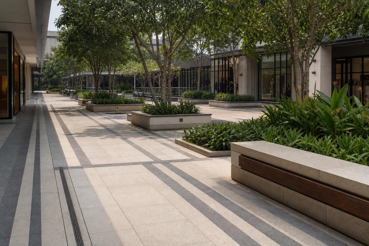 Modern hardscape walkway with seating, paving modules, tree shade, and durable commercial landscape detailing.