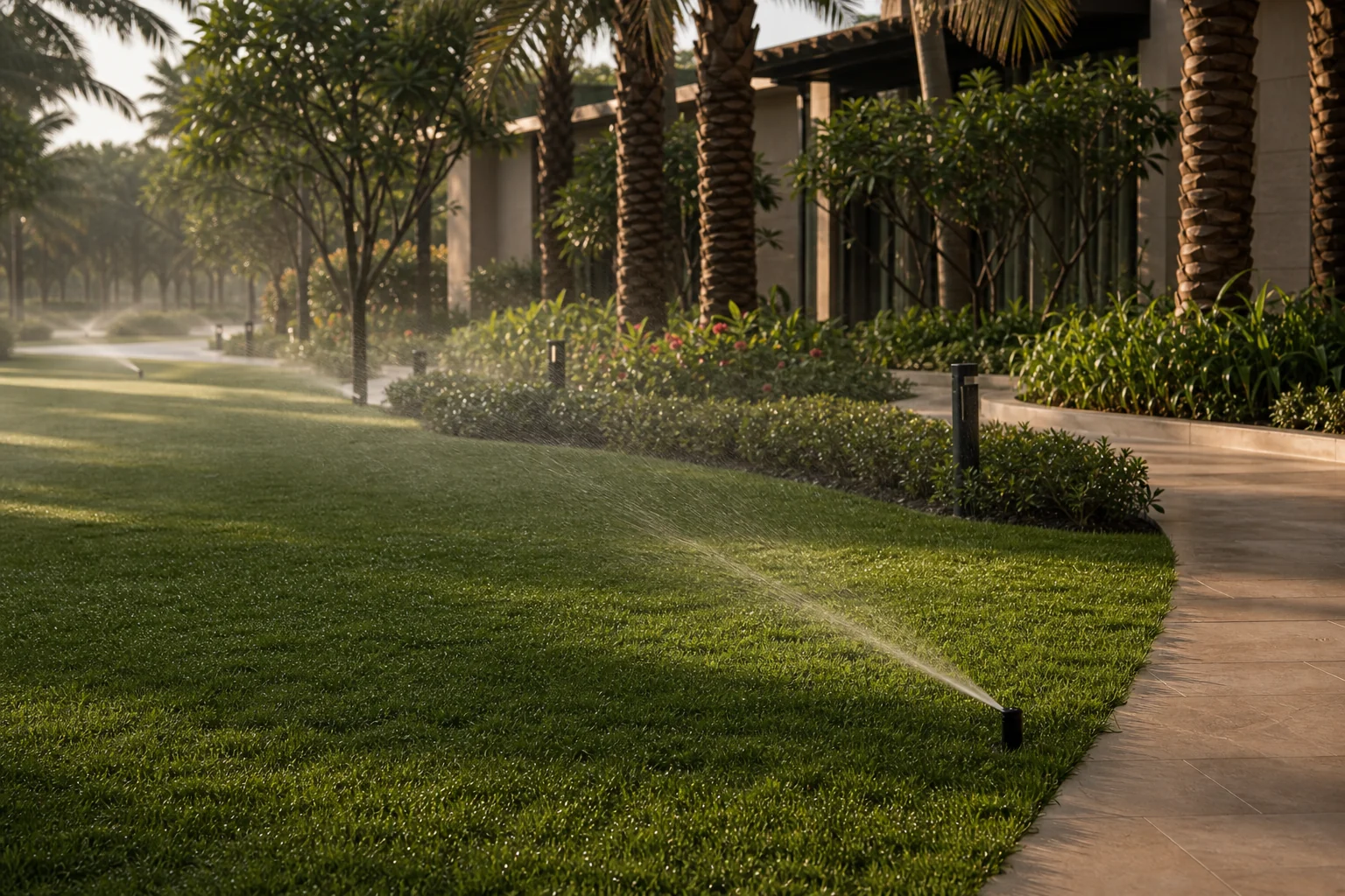 Sprinkler irrigation running across commercial lawn, tree shade, and planting beds during establishment care.