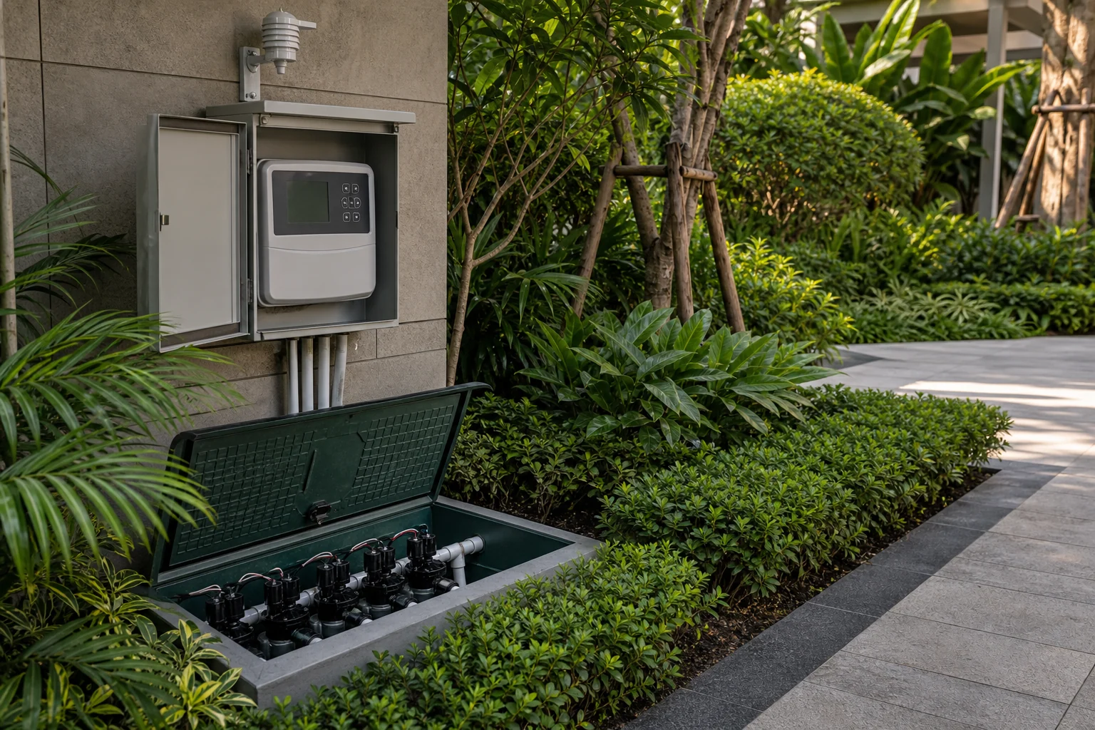 Irrigation valve box and planted bed detail for maintainable commercial landscape irrigation zones.