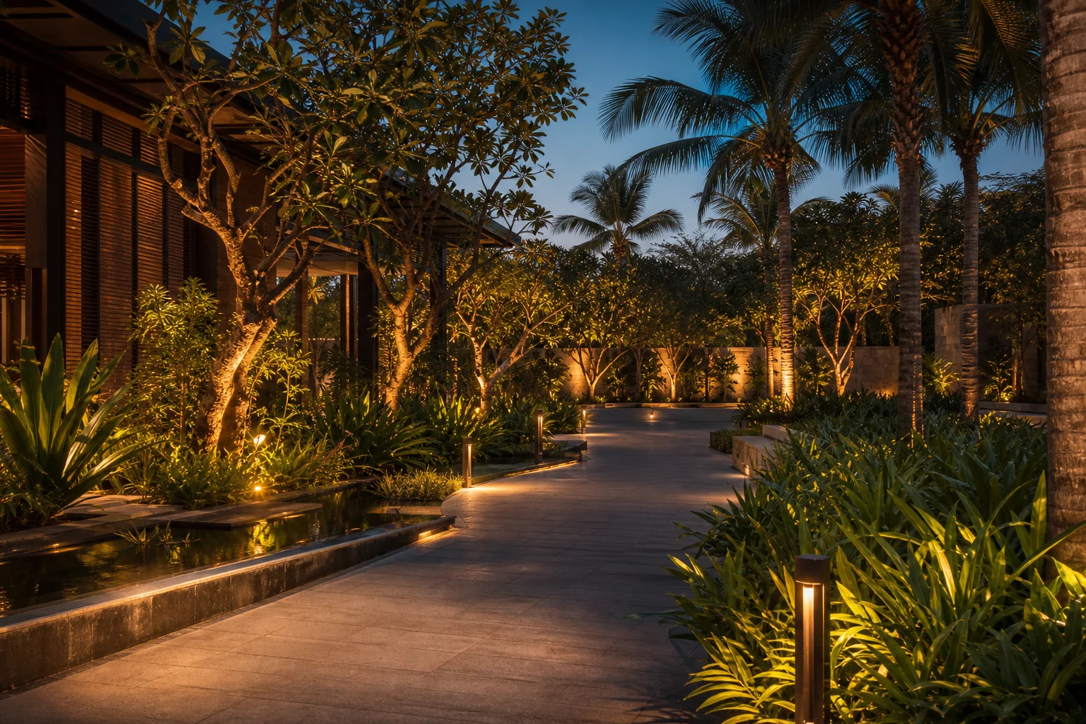 Maintained evening garden with manicured planting, lighting, and clear upkeep standards for commercial sites.