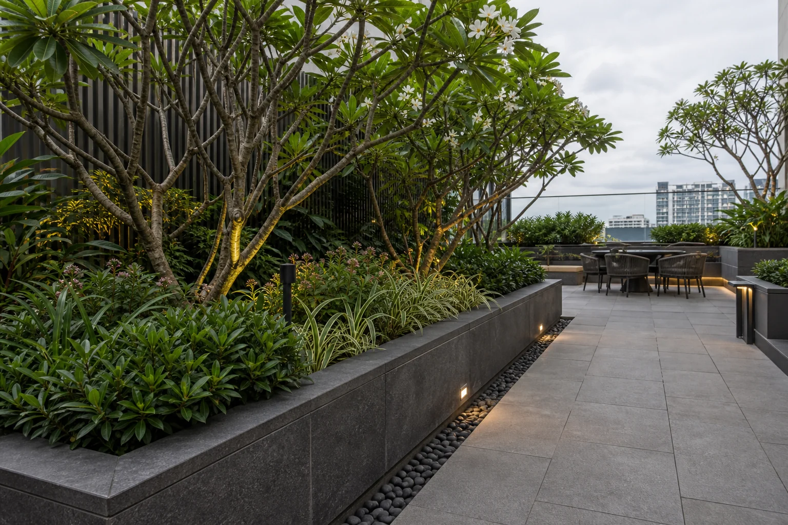 Podium terrace garden with planted edges, tree shade, and city skyline context for elevated amenity spaces.