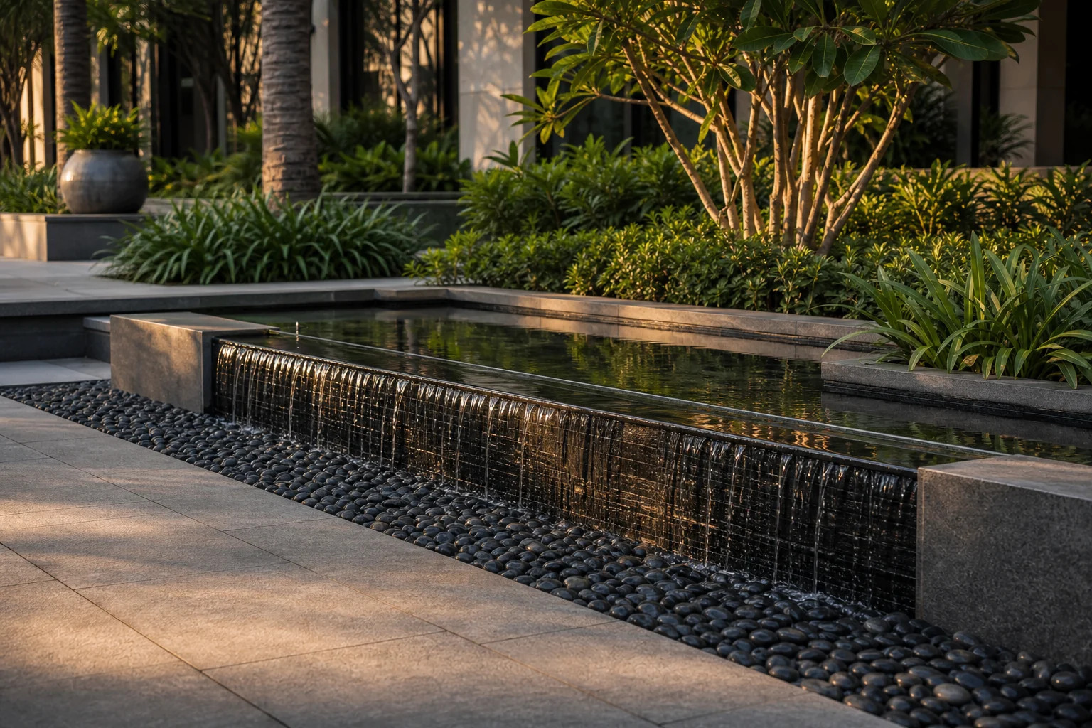 Linear water feature with dark stone, planted edges, and refined hardscape detailing for commercial landscapes.