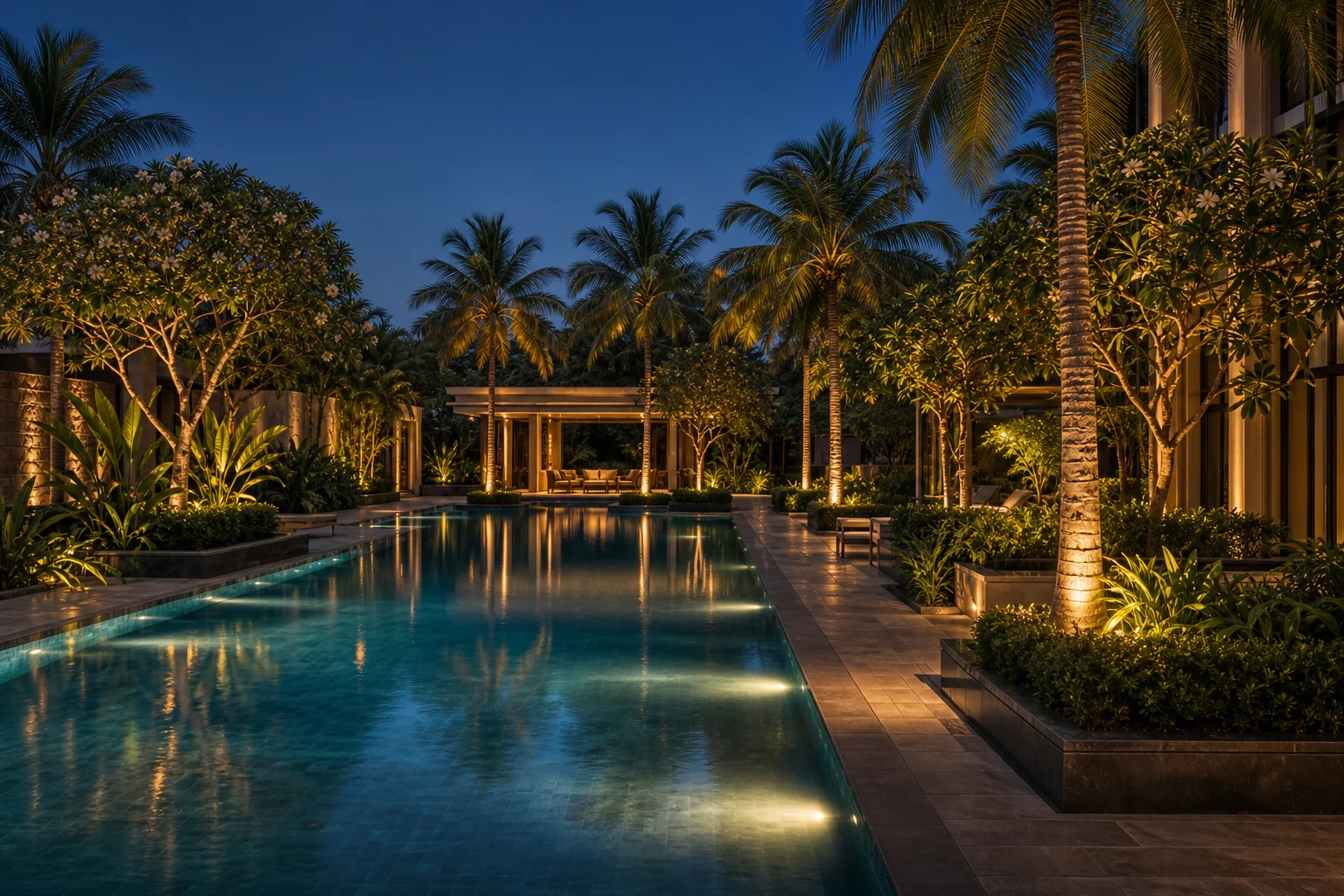 Evening pool landscape with warm lighting, palm planting, and resort-style deck ambience.