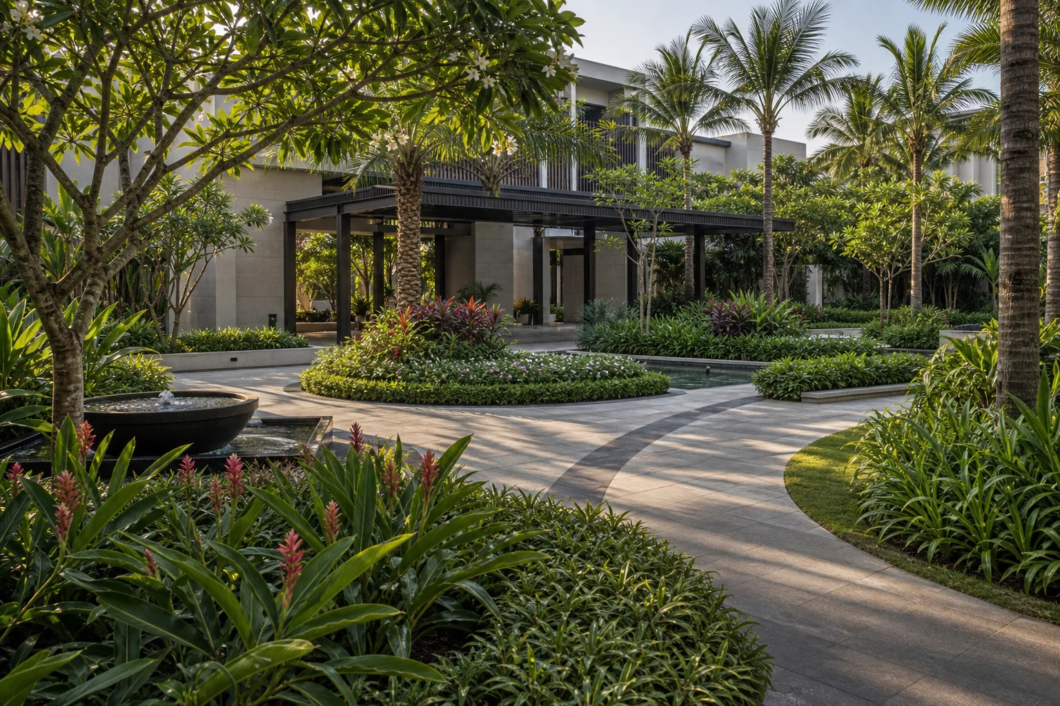Softscape arrival garden with curved path, layered shrubs, palms, and polished commercial planting structure.
