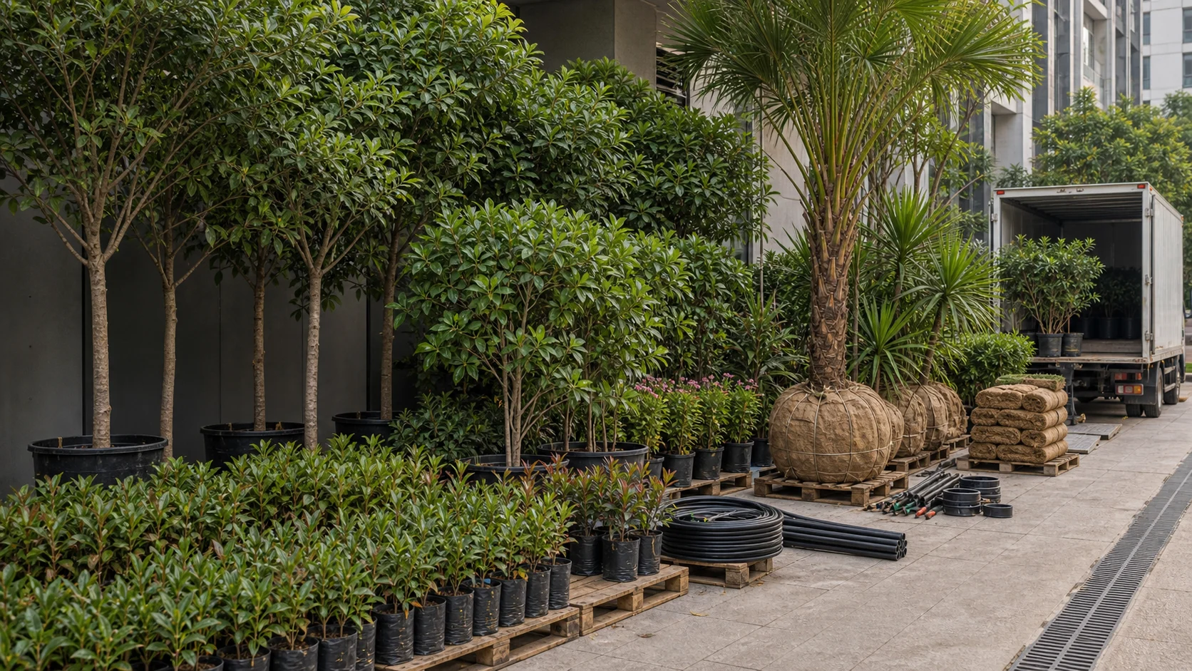Bengaluru nursery staging with potted specimens, wrapped root balls, and irrigation supplies