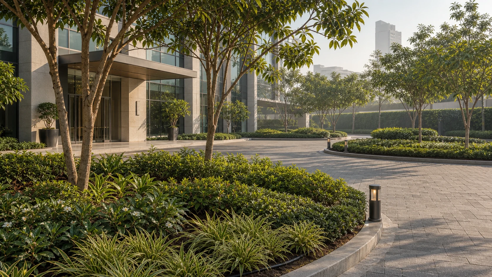 Heat- and dust-ready commercial planting with paved pedestrian approach