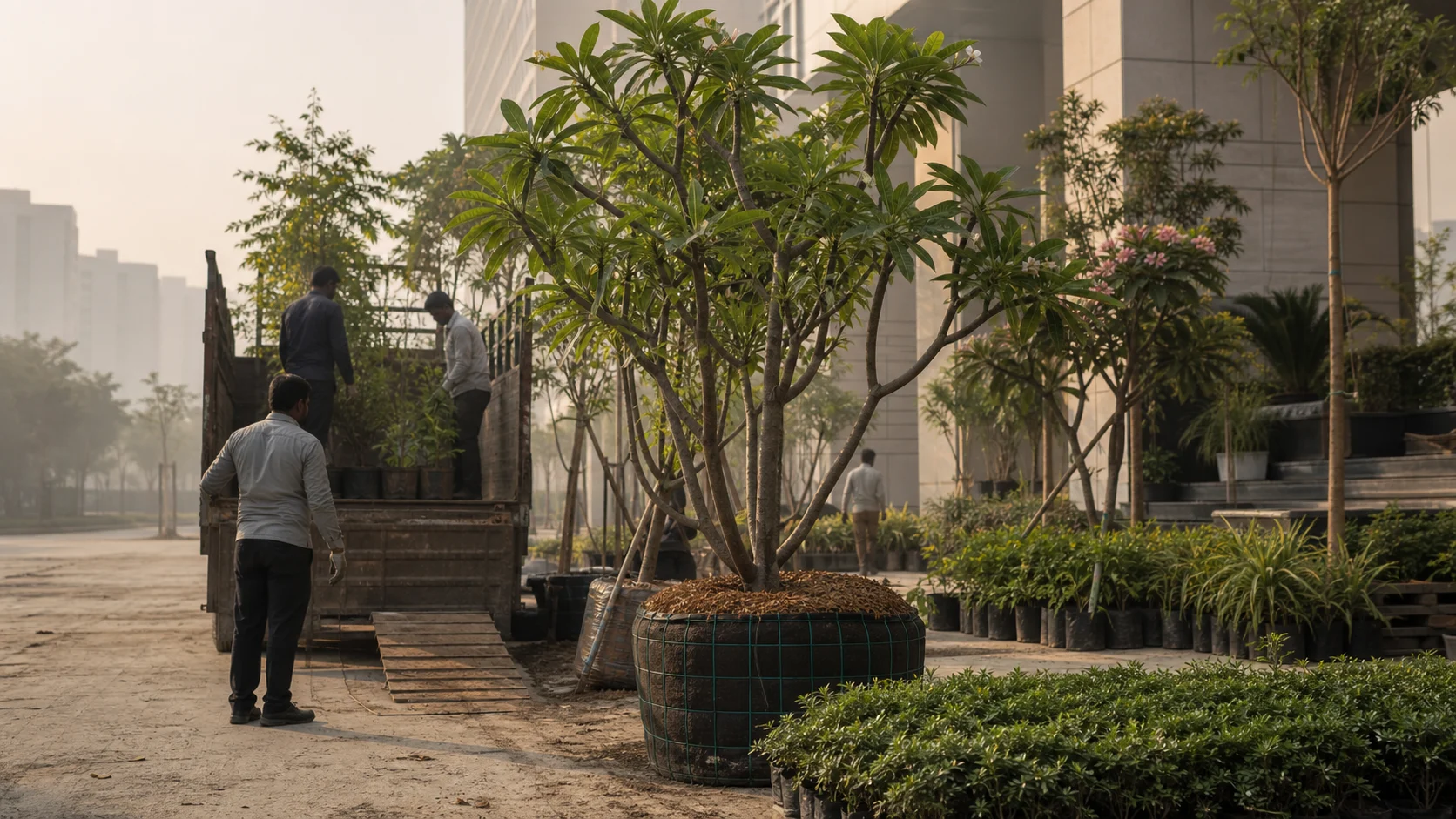 Specimen tree staging and site logistics for commercial landscape delivery