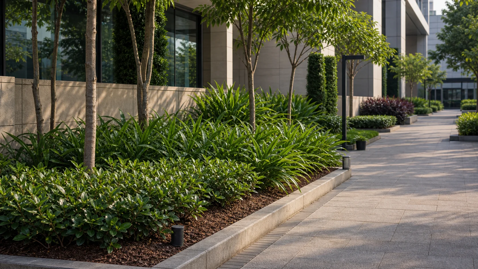 Maintained commercial landscape with crisp planting edges and clean hardscape