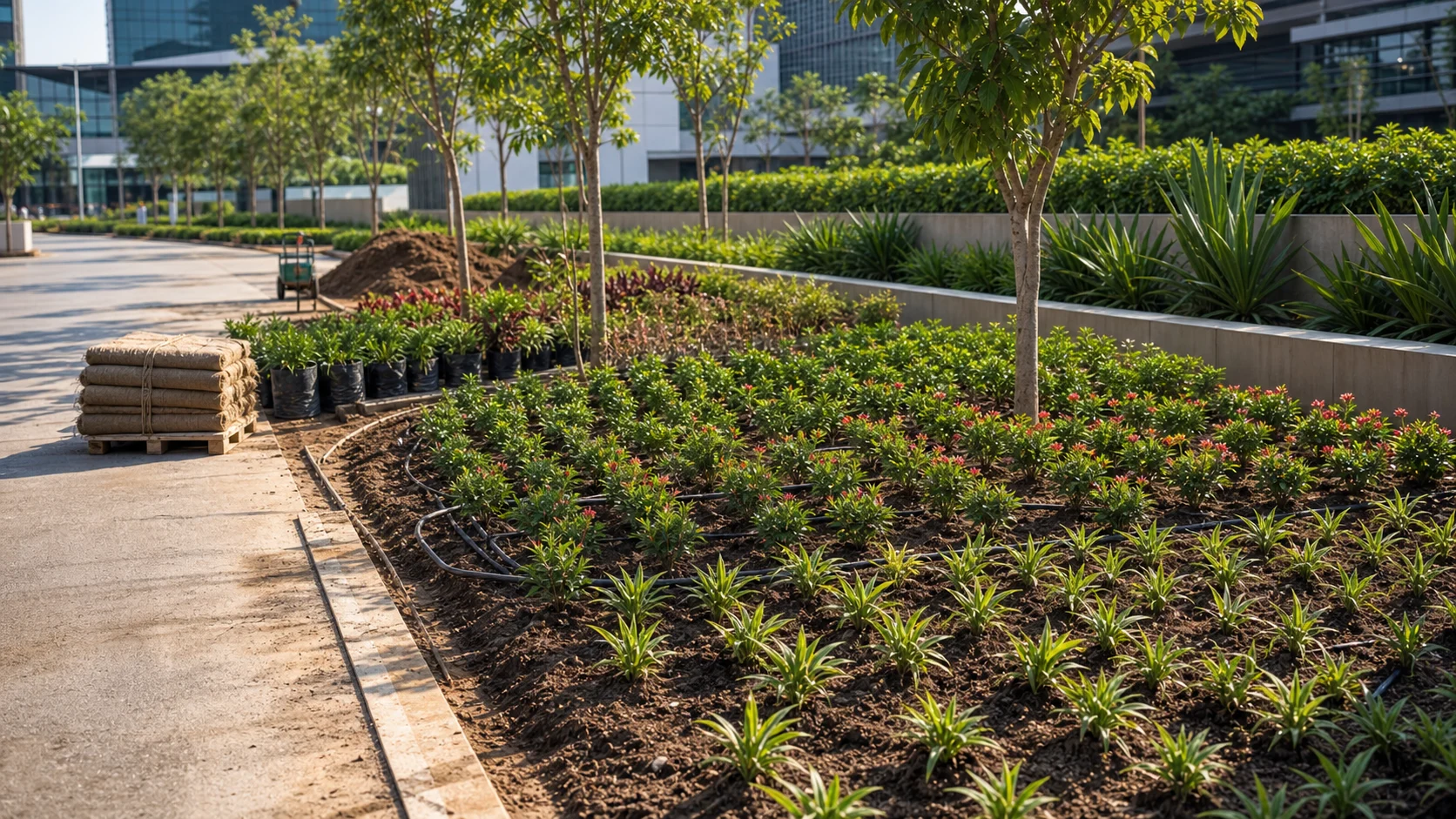 Post-monsoon planting establishment with mulch and irrigation lines in place