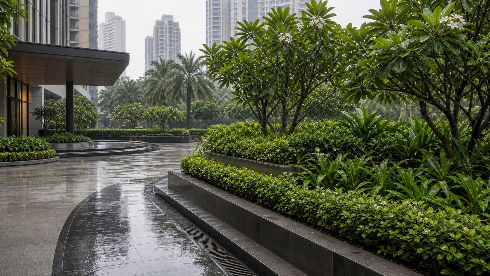 Mumbai commercial arrival court with monsoon-ready drainage and coastal planting palette.
