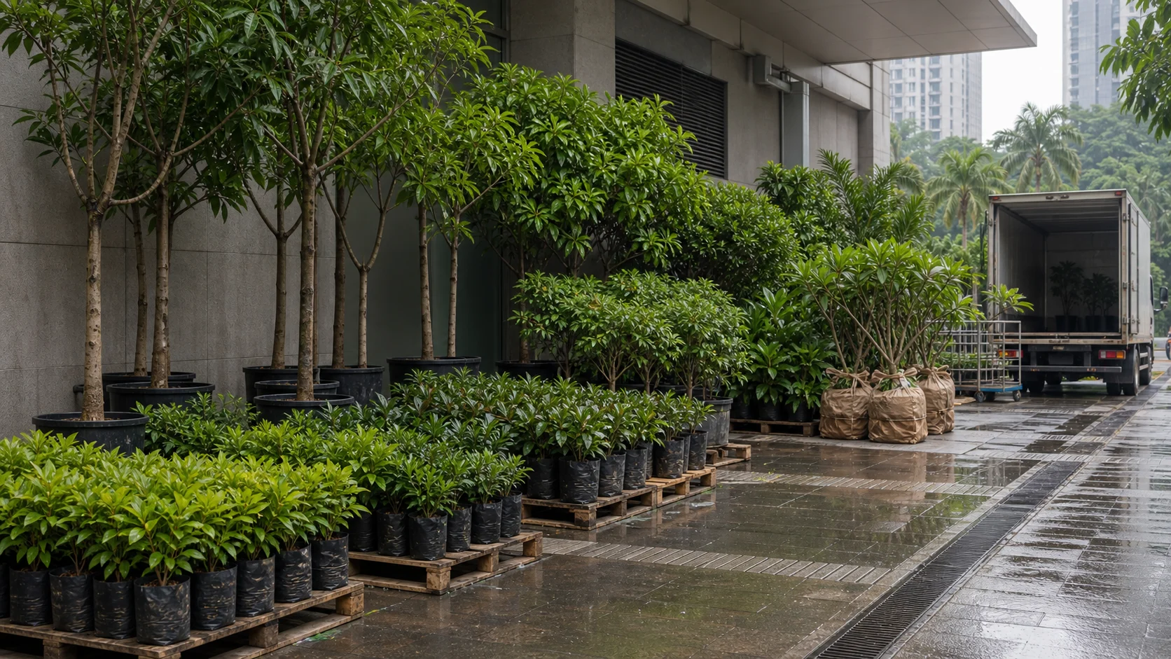 Mumbai landscape logistics with potted specimens and wrapped root balls staged for tower delivery.
