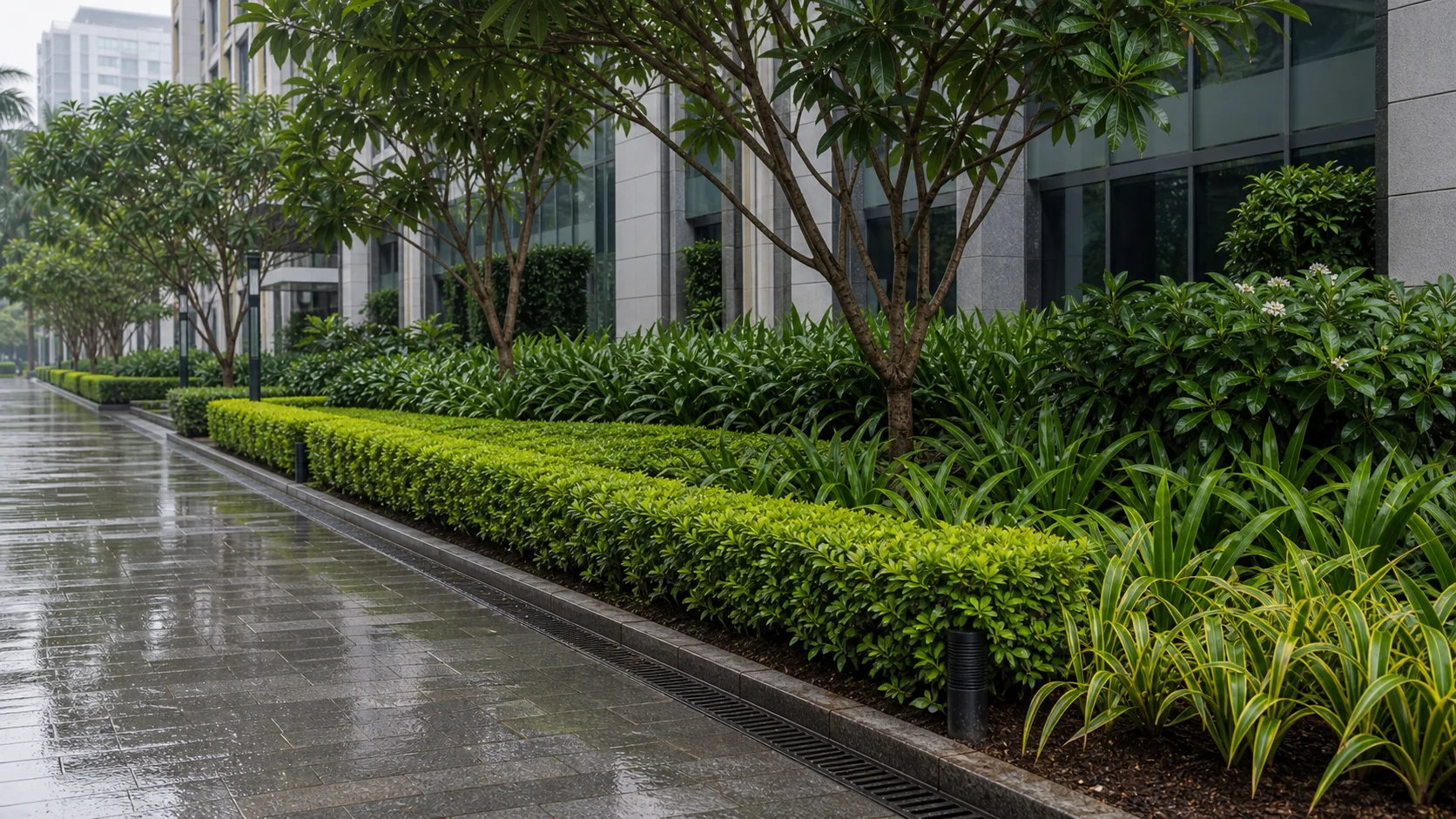 Maintained Mumbai coastal commercial landscape with crisp hedges and tropical planting after monsoon.
